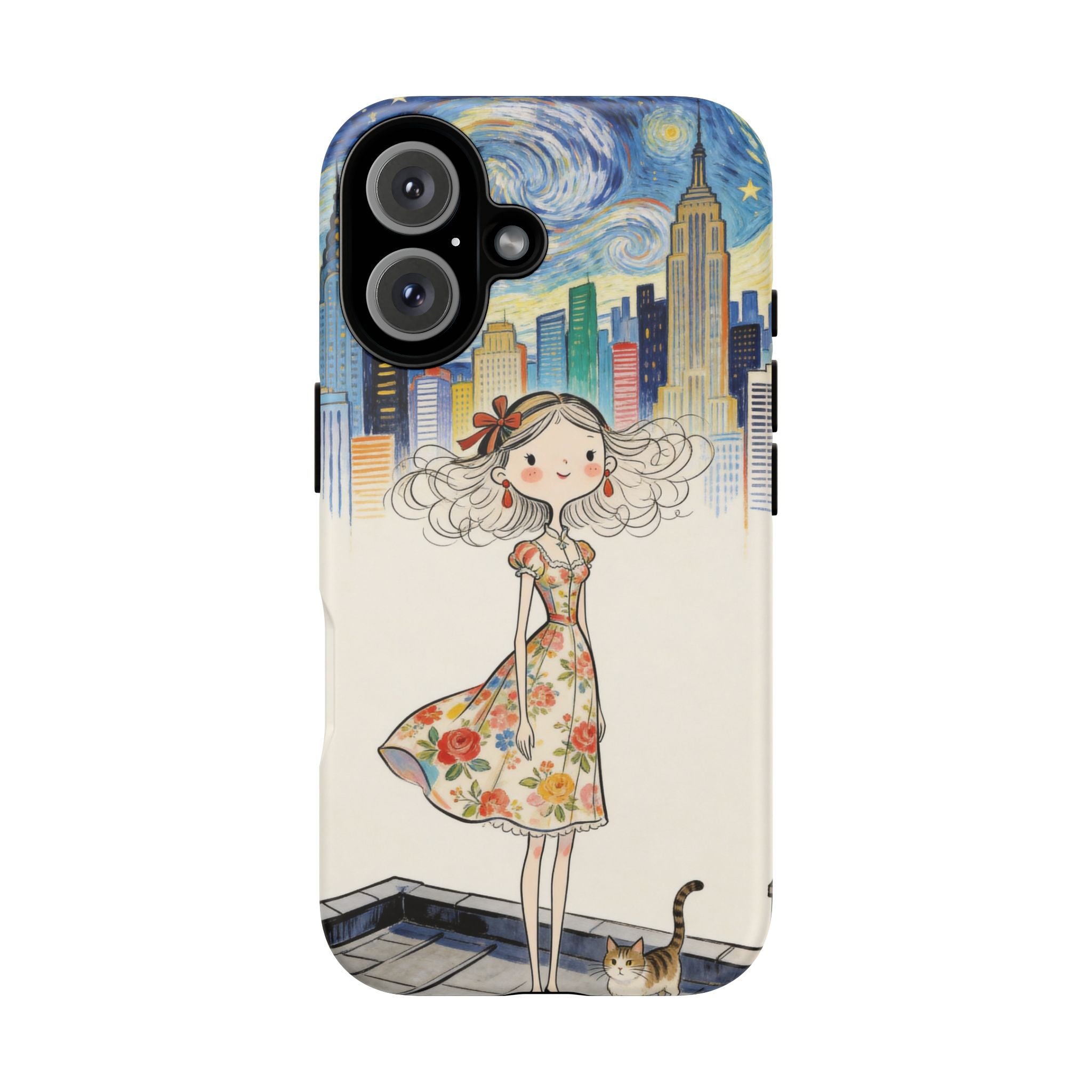 Artistic Girl Cityscape iPhone Case | Cute Floral Dress Rooftop Design