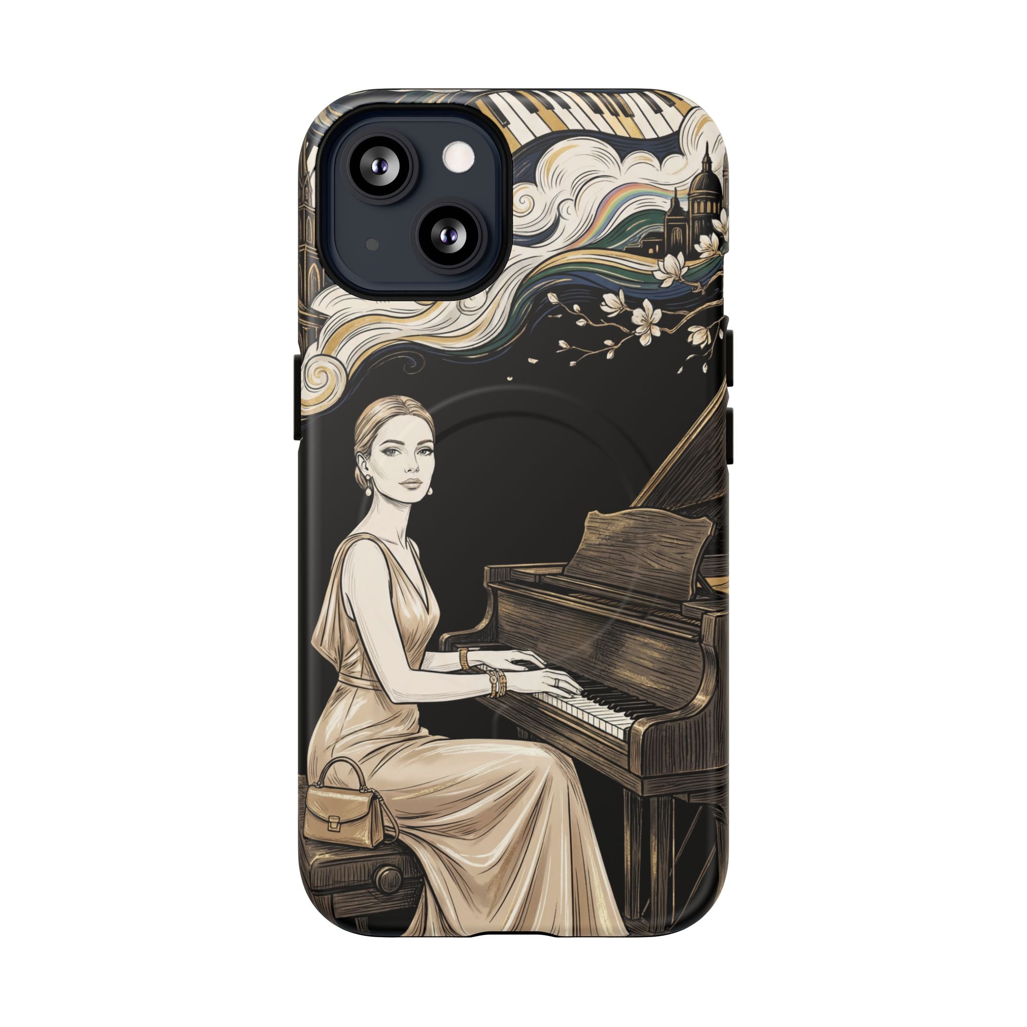 Elegant Piano Woman MagSafe iPhone Case | Vintage Art Deco Music Design