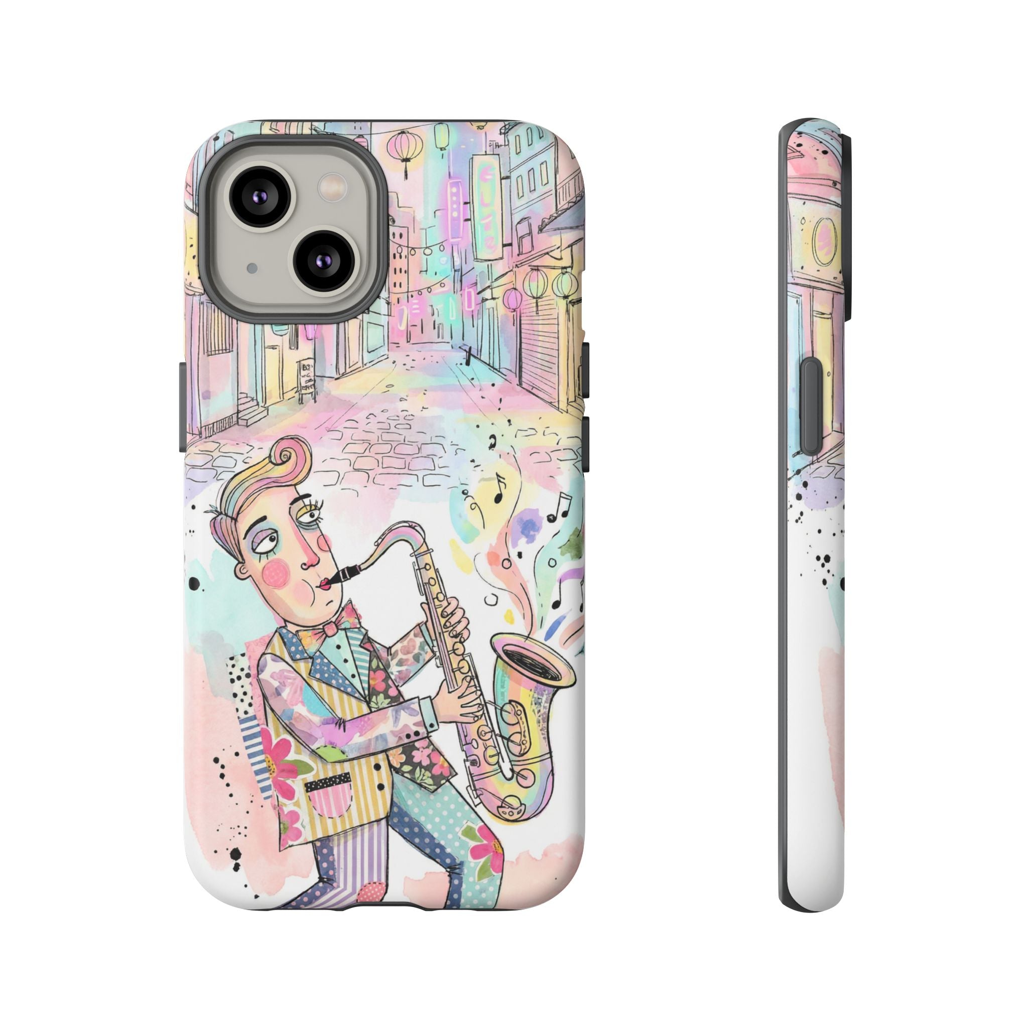 Sax Player Art iPhone Case | Pastel Jazz Street Illustration