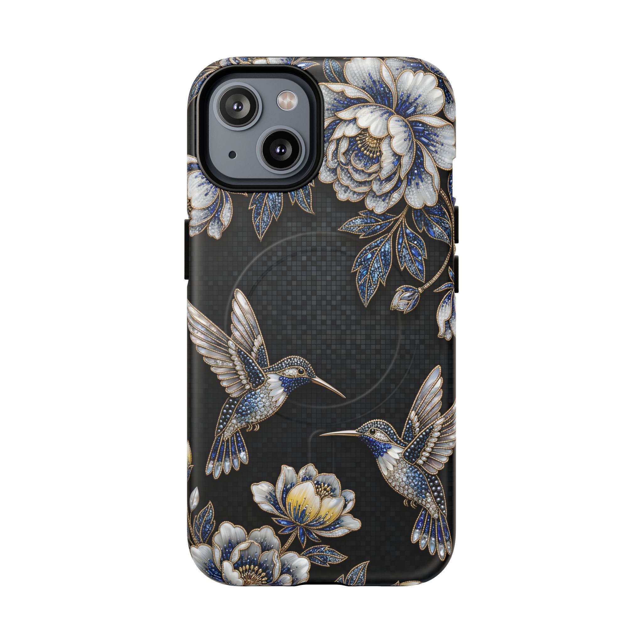 Hummingbird & Peony Floral MagSafe iPhone Case | Elegant Black Protective Cover