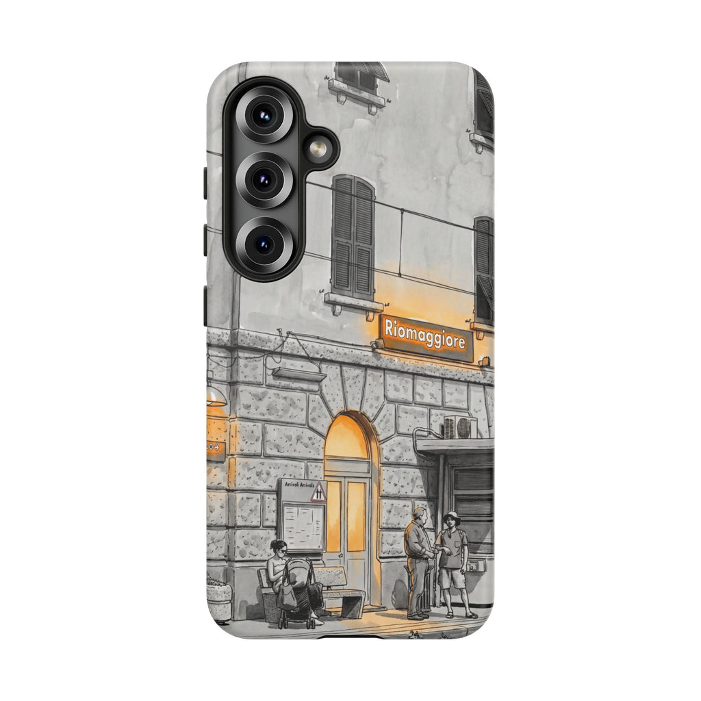 Custodia per Samsung Galaxy con stazione ferroviaria Cinque Terre | Schizzo in bianco e nero con accenti gialli caldi