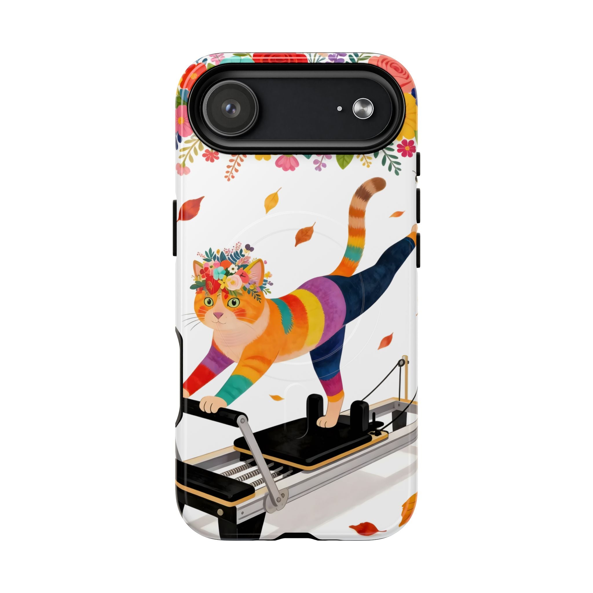 Cat Pilates MagSafe iPhone Case | Floral Rainbow Cat on Reformer