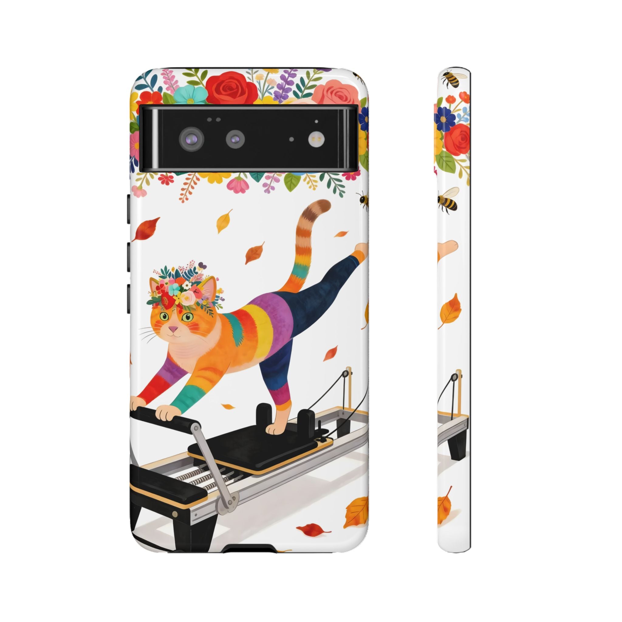 Cat Pilates Google Pixel Phone Case | Floral Rainbow Cat on Reformer