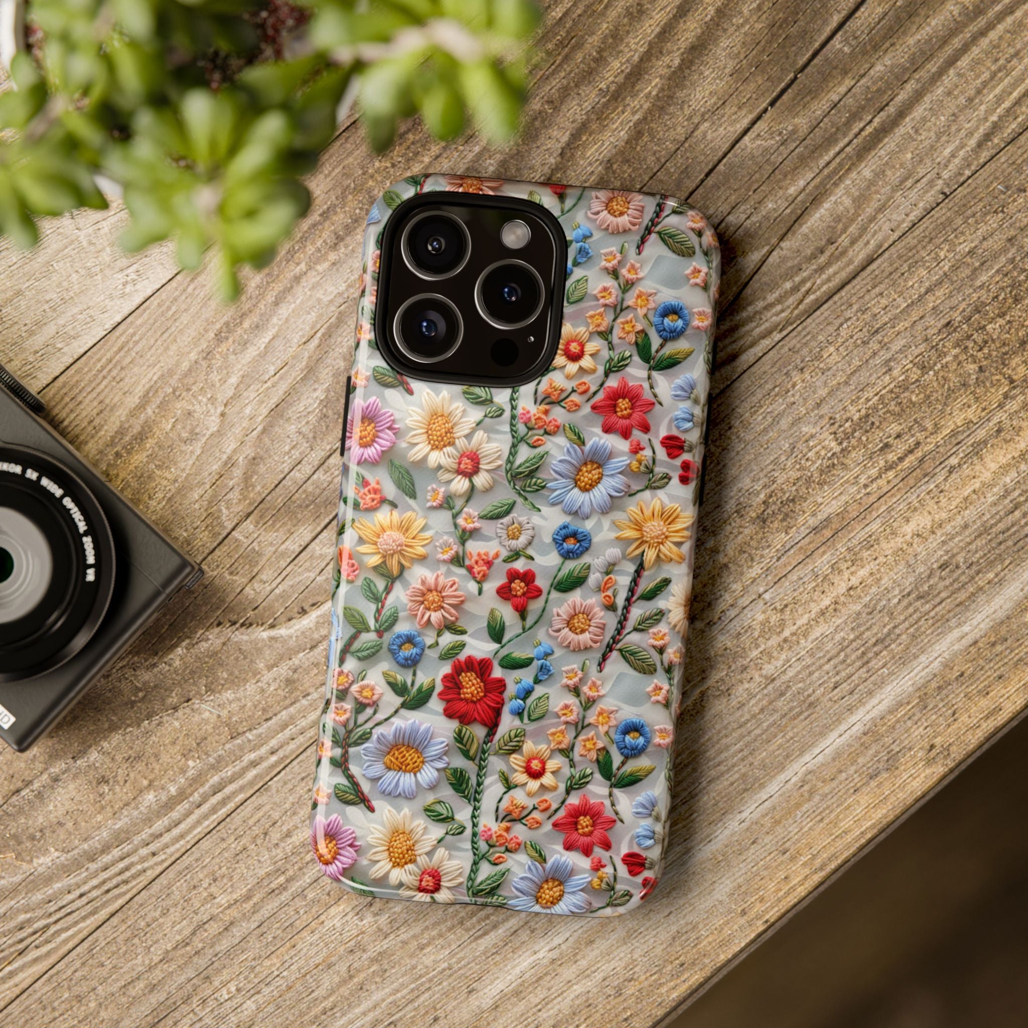 Floral Embroidered Pattern Tough iPhone Case — Colourful Daisy & Wildflower Design
