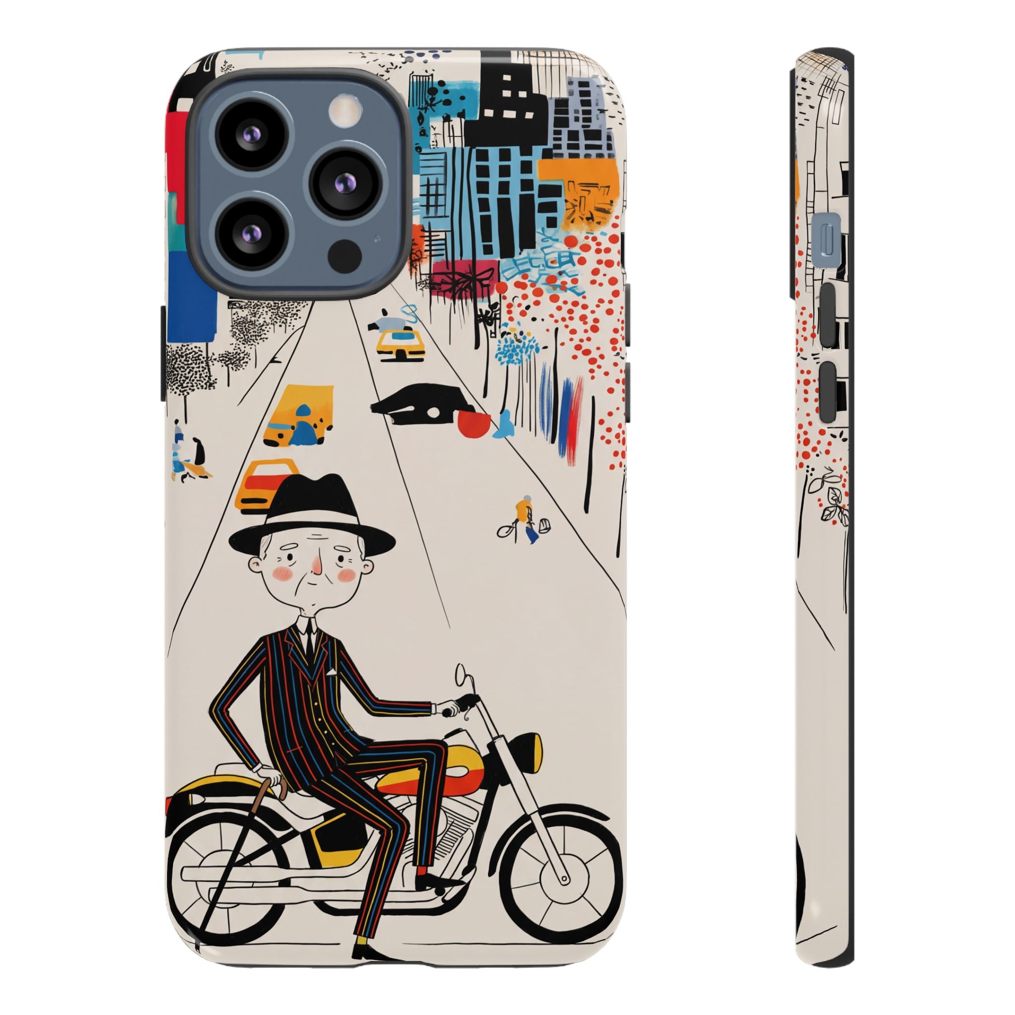 Vintage Grandpa Rider Motorcycle iPhone Case | Illustrated Cityscape