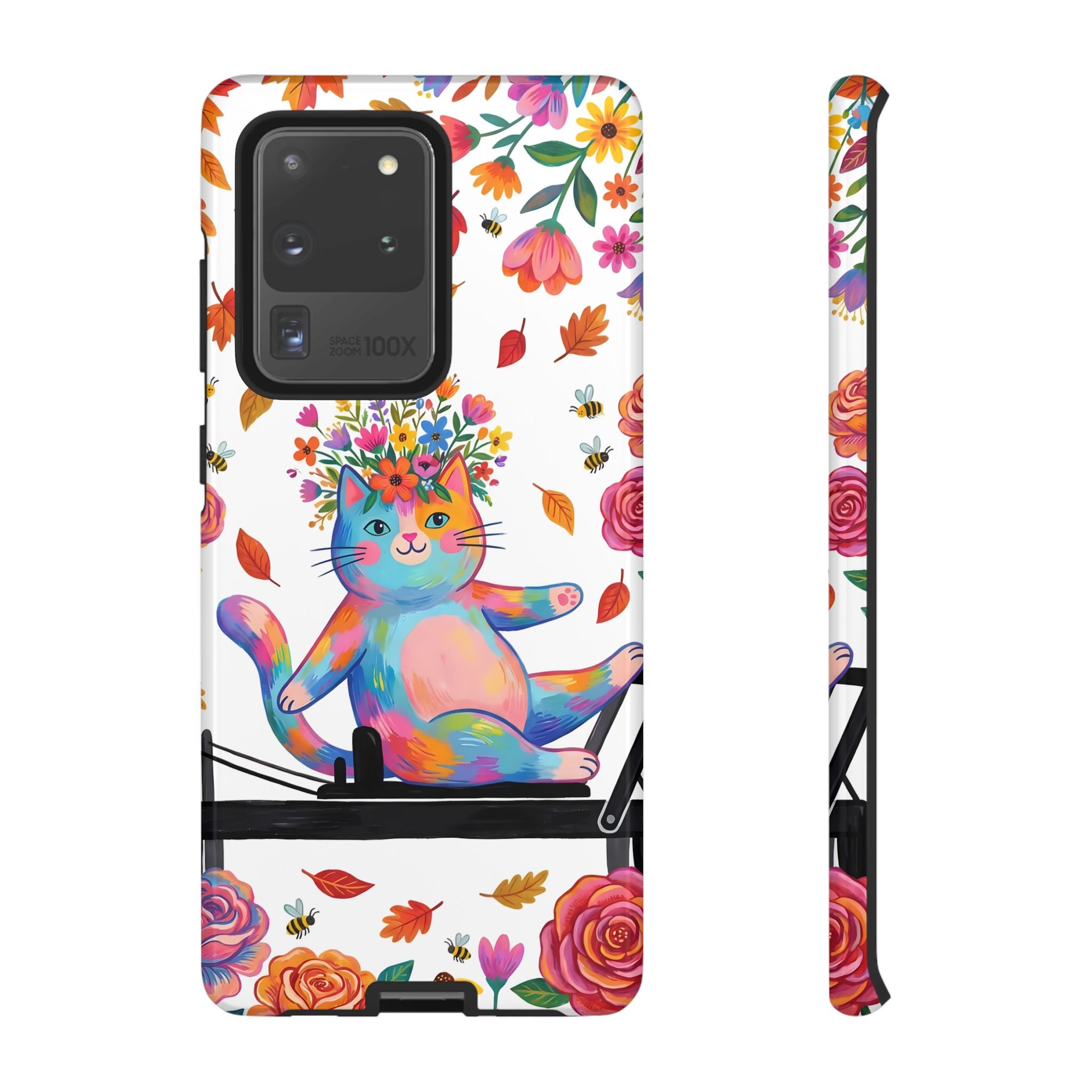 Colorful Floral Cat on Pilates Reformer Protective Samsung Galaxy Phone Case