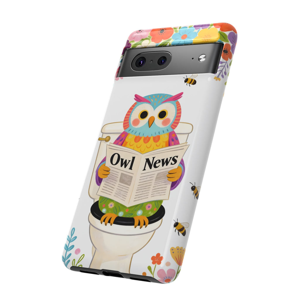 Owl News Floral Google Pixel Phone Case | Cute Owl Reading Newspaper on Toilet