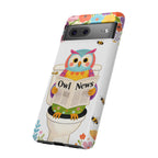 Owl News Floral Google Pixel Phone Case | Cute Owl Reading Newspaper on Toilet