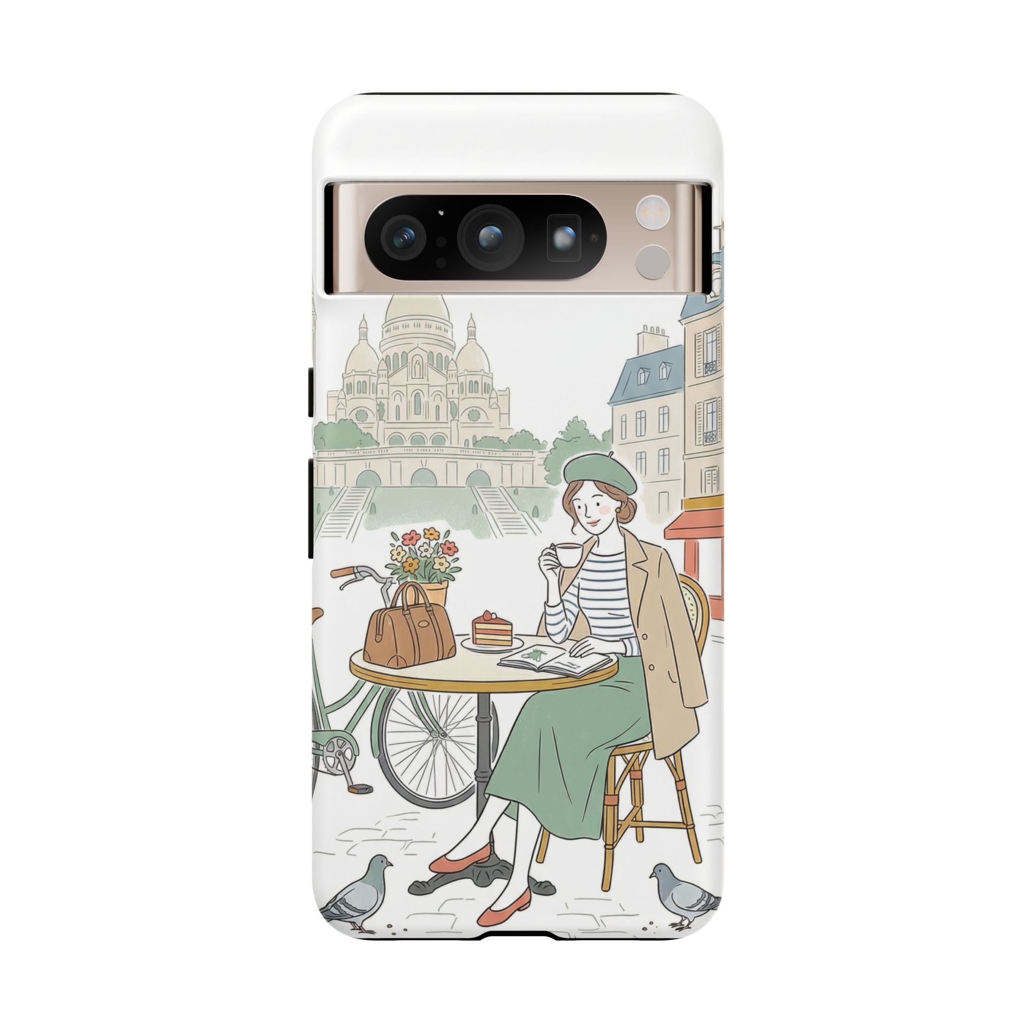 Paris Cafe Illustration Google Pixel Phone Case | Vintage Bicycles & Pigeons Protective Cover