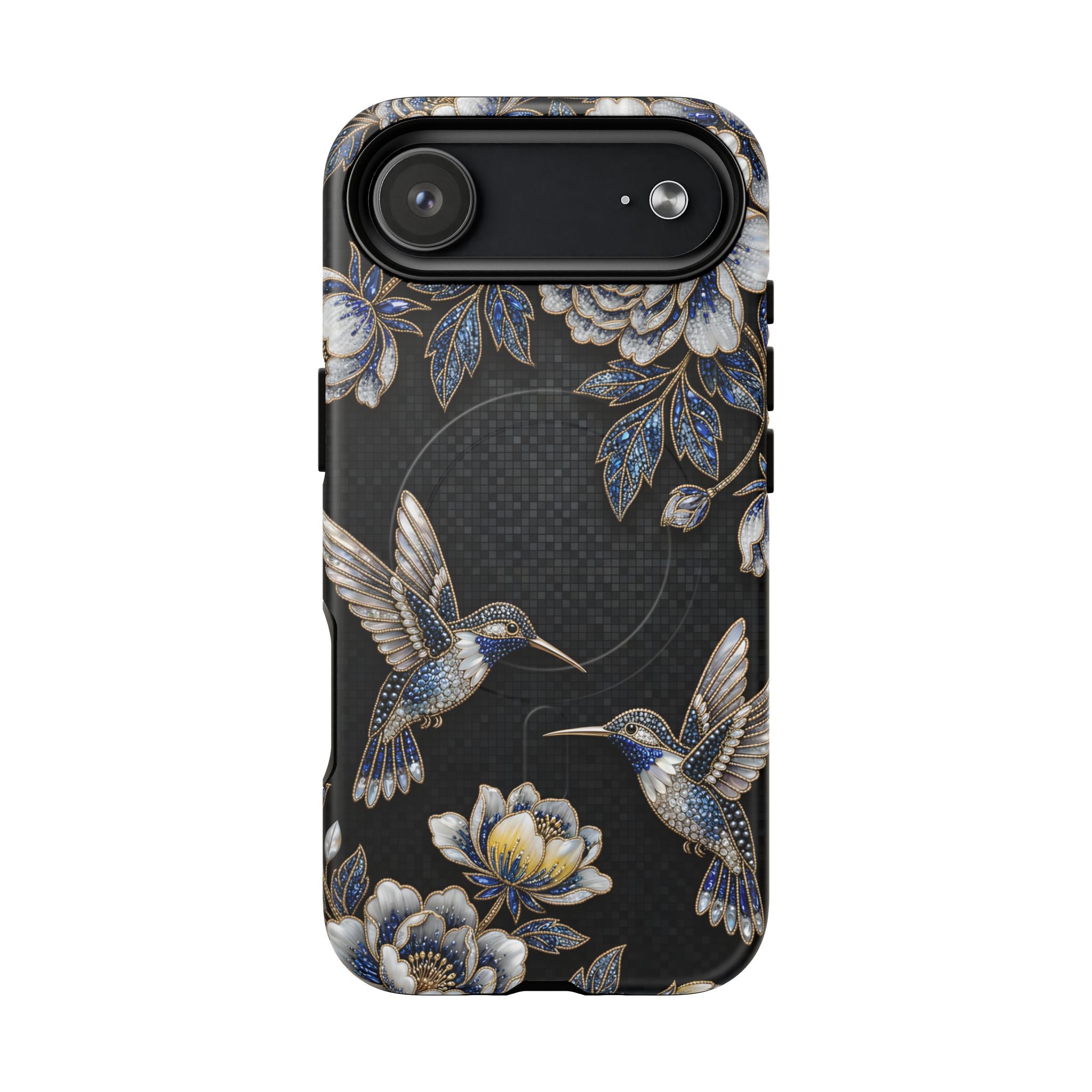Hummingbird & Peony Floral MagSafe iPhone Case | Elegant Black Protective Cover