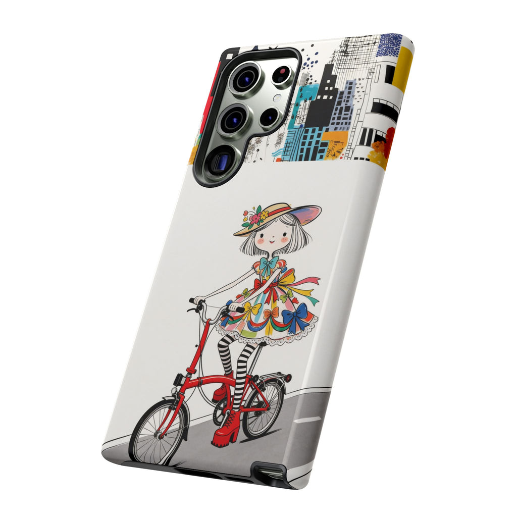 Whimsical Girl on Brompton Bicycle Urban Illustration Samsung Galaxy Phone Case