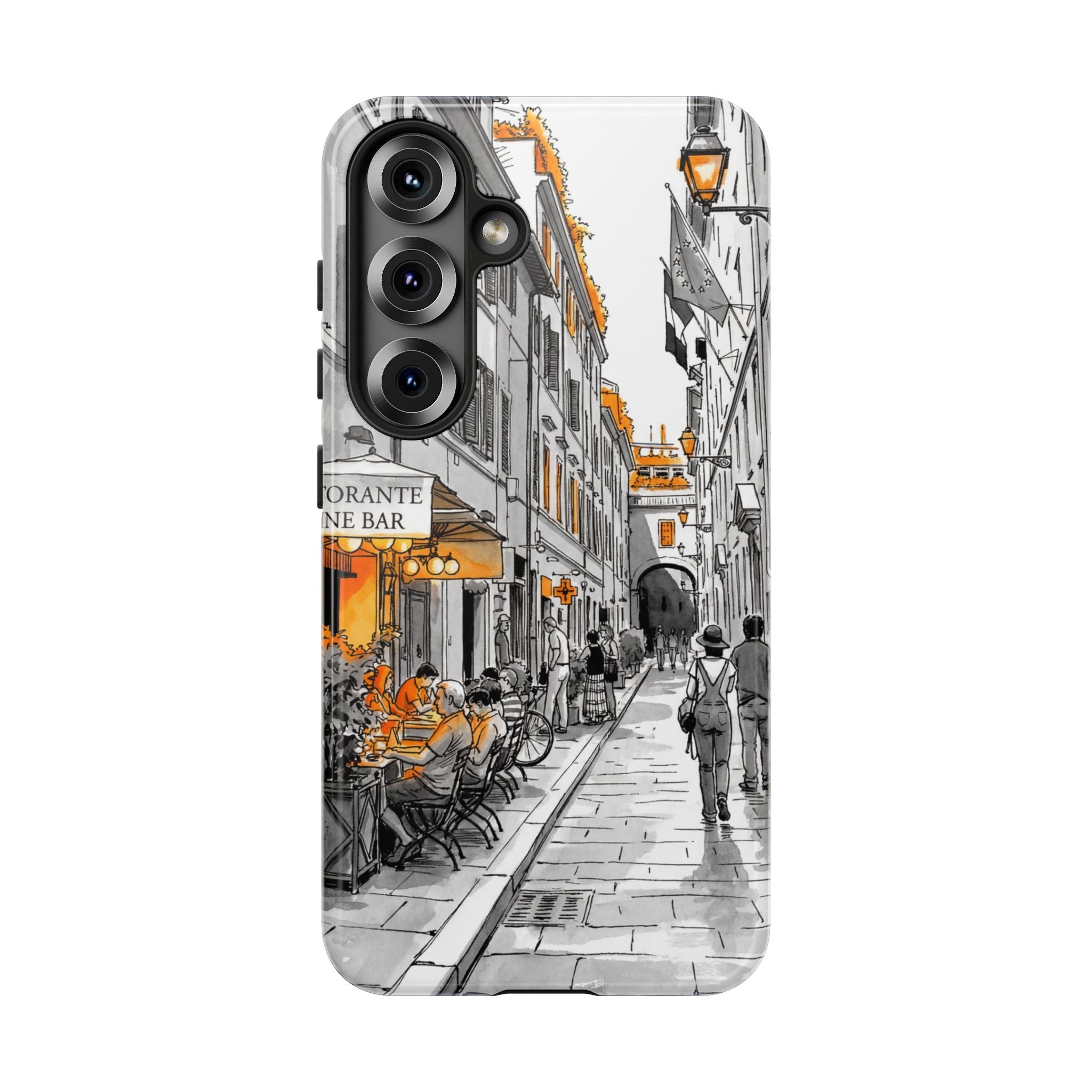 Italy Street Samsung Galaxy Case | Black & White Cityscape with Orange Accents