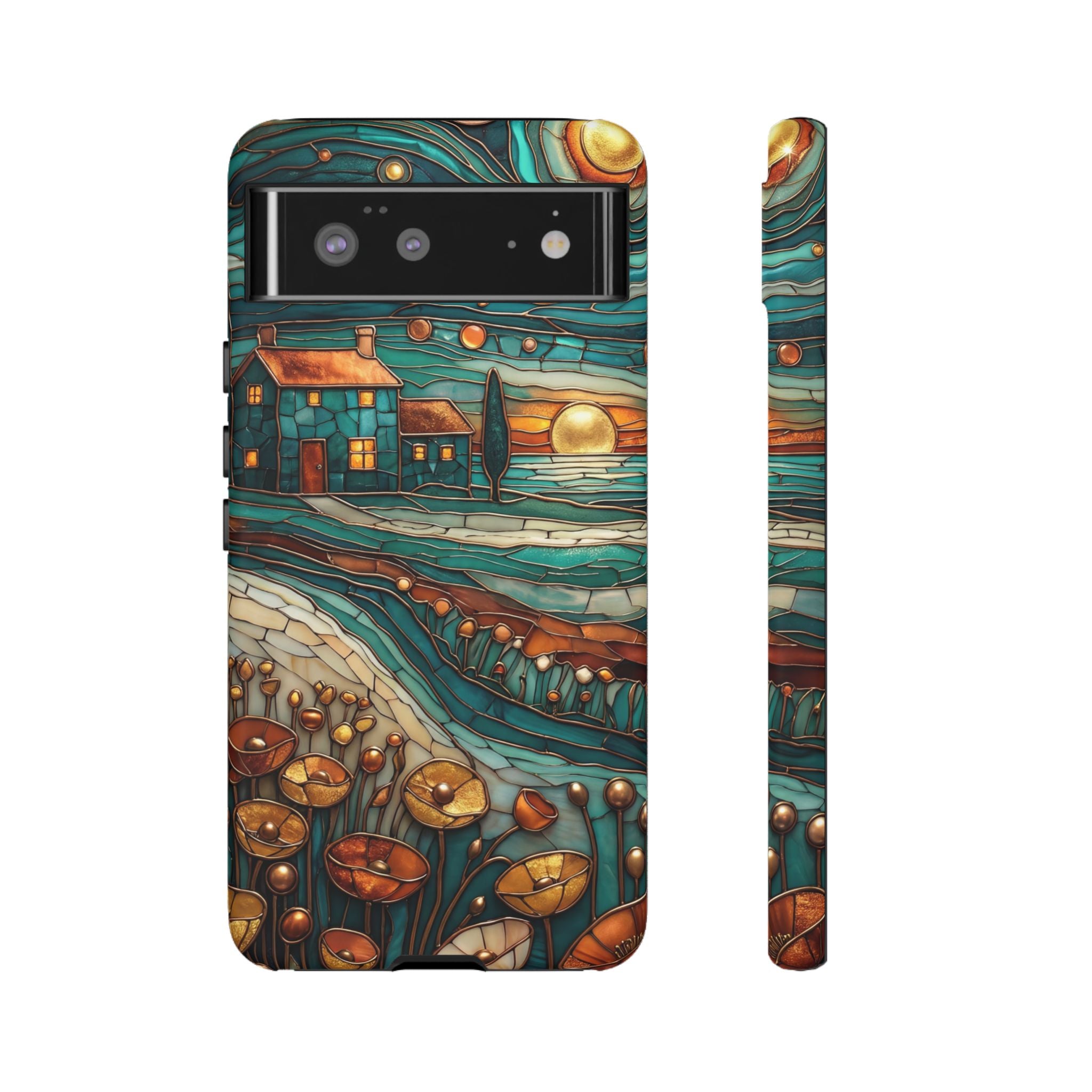Artistic Sunset Cottage Google Pixel Case | Whimsical Floral Landscape Protective Cover