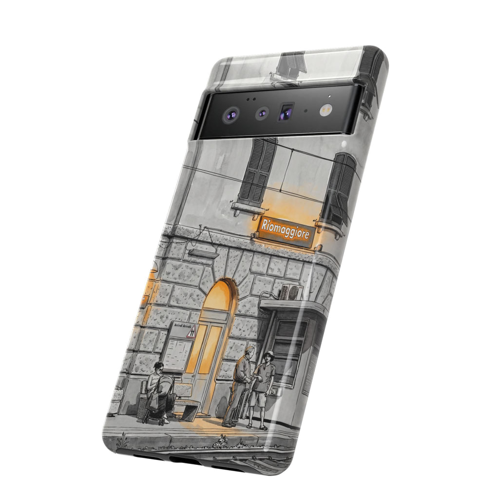 Cinque Terre Train Station Google Pixel Case | Black & White Sketch with Warm Yellow Accents