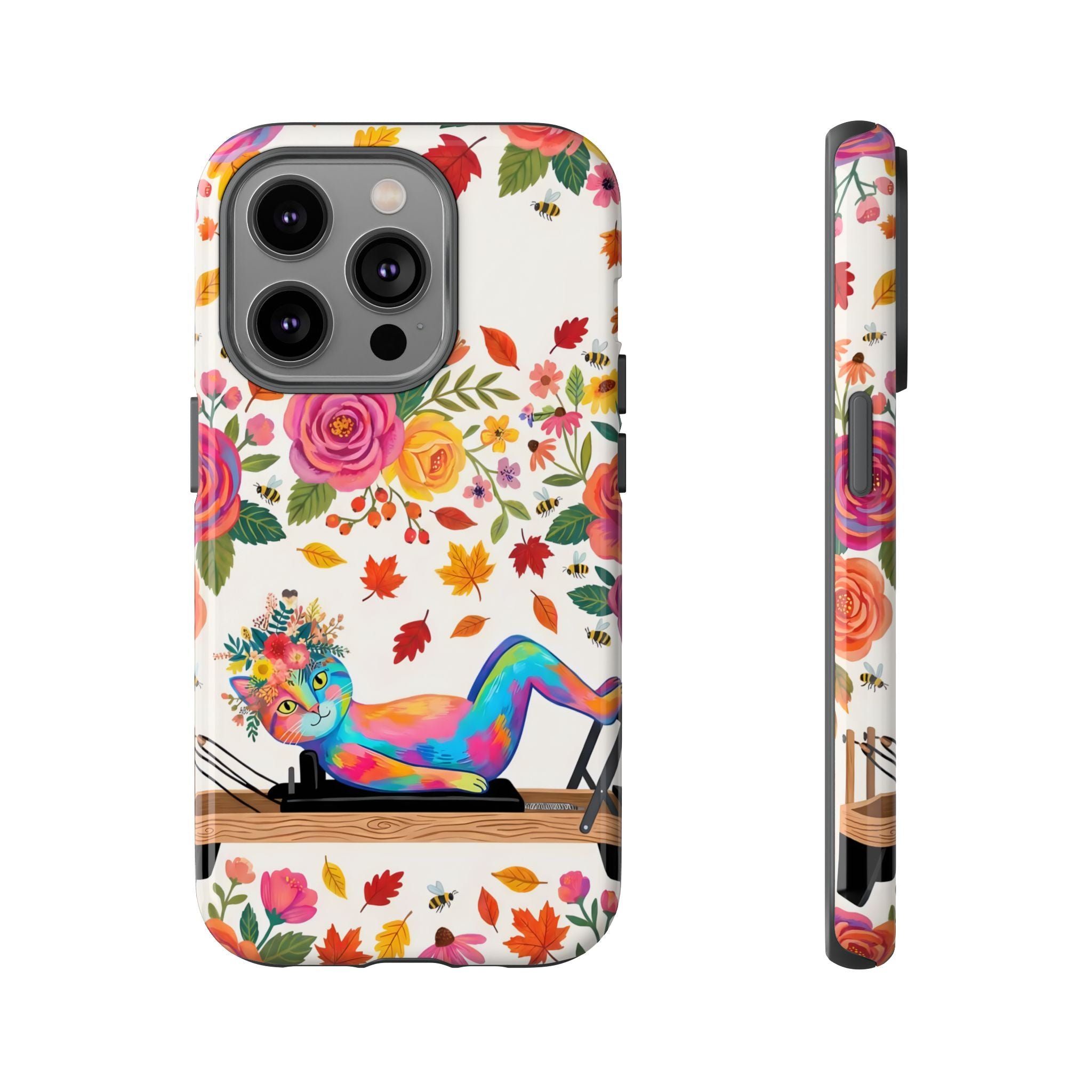 Autumn Floral Pilates iPhone Case | Colorful Rainbow Pilates Cat on Falling Leaves