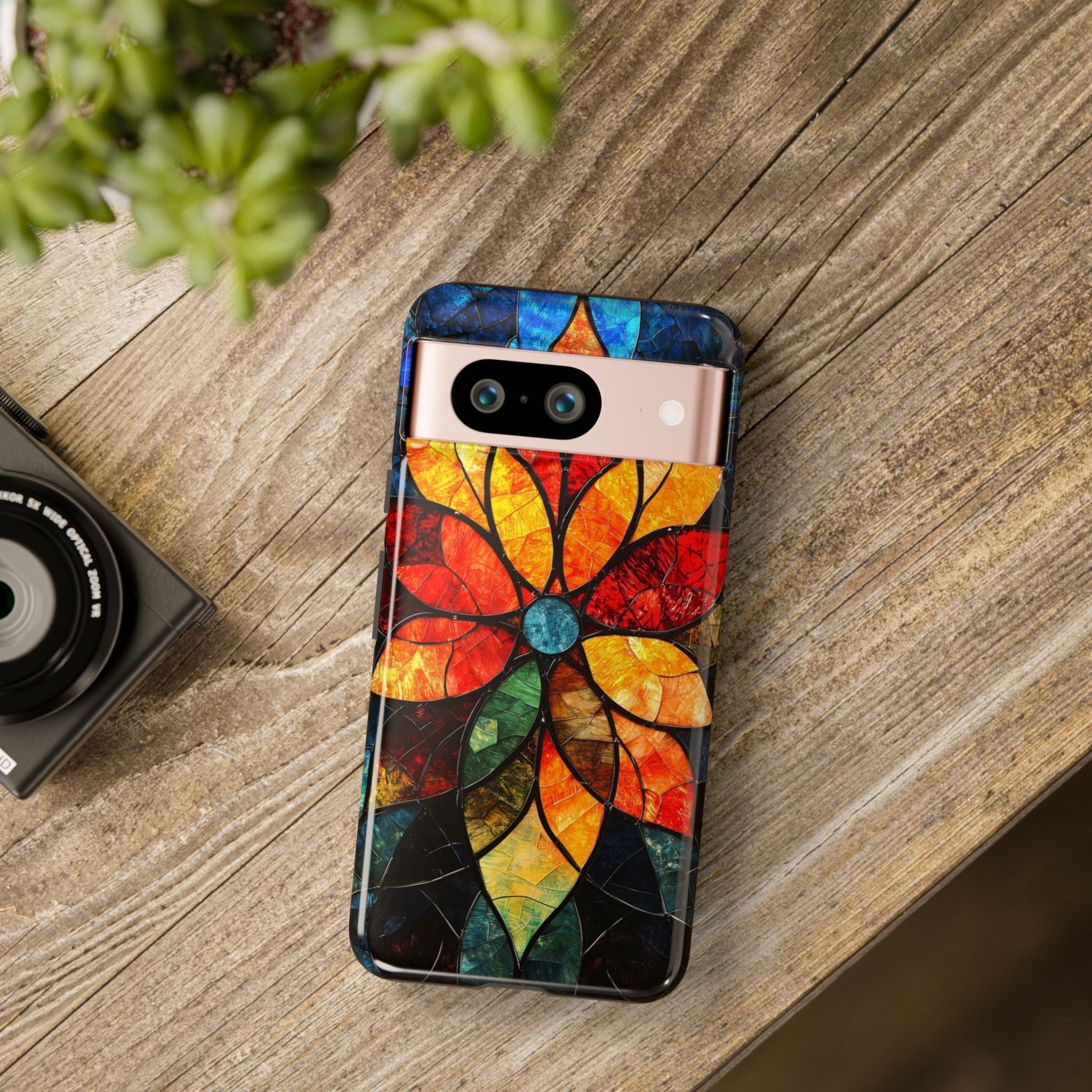 Stained Glass Flower Google Pixel Case — Colorful Mosaic Protective Cover