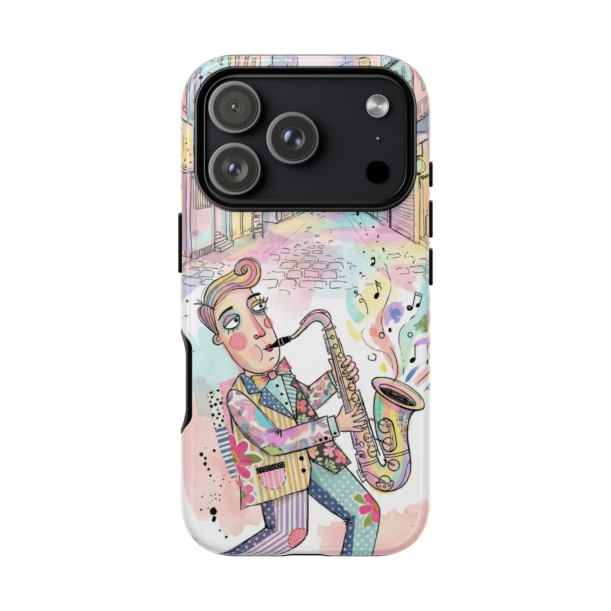 Sax Player Art iPhone Case | Pastel Jazz Street Illustration