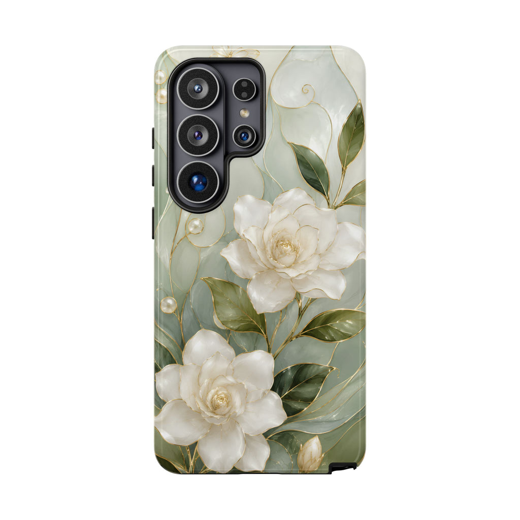 White Floral Samsung Galaxy Phone Case | Sage Green Botanical Phone Case