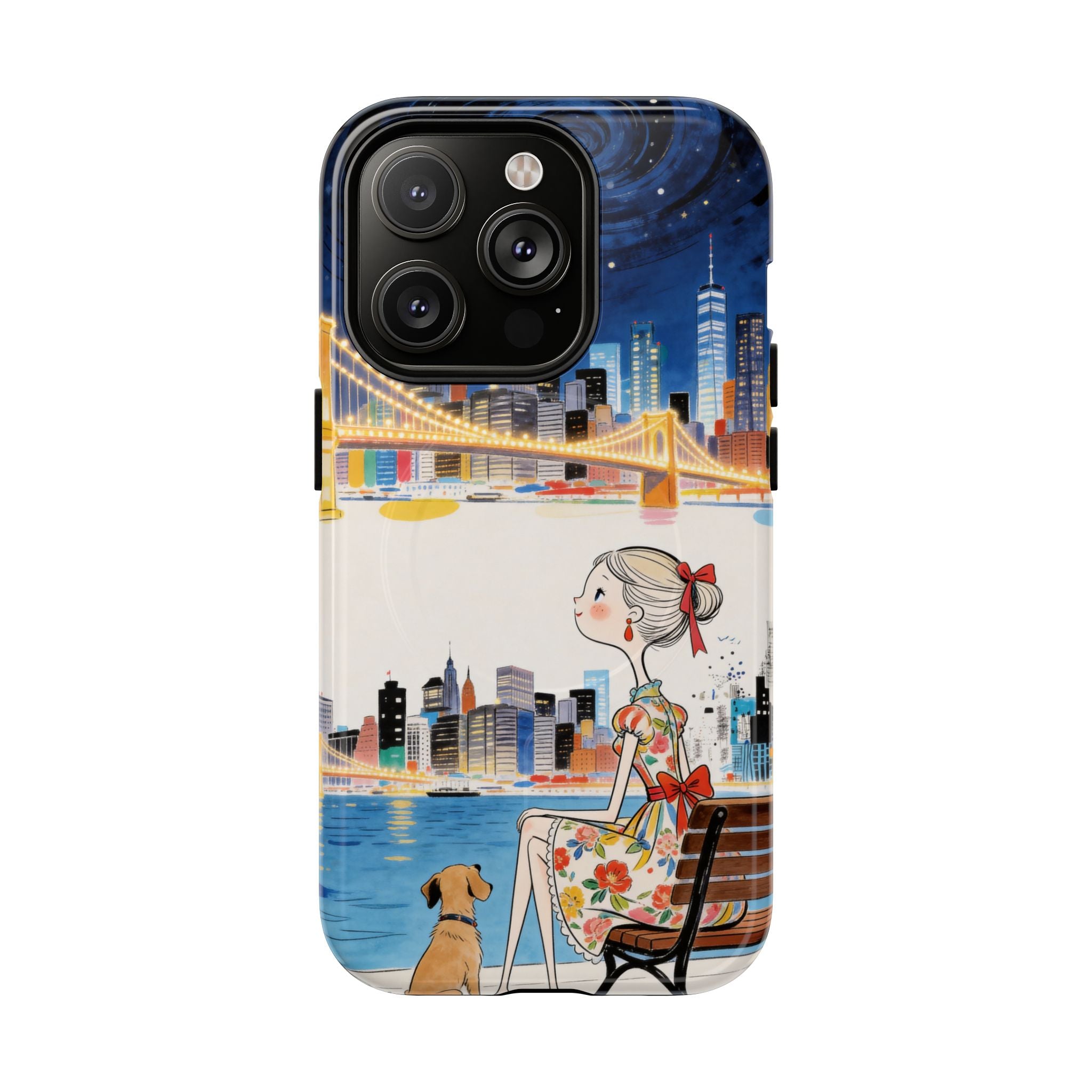 City Night MagSafe iPhone Case | Cute Girl & Dog Bench Illustration