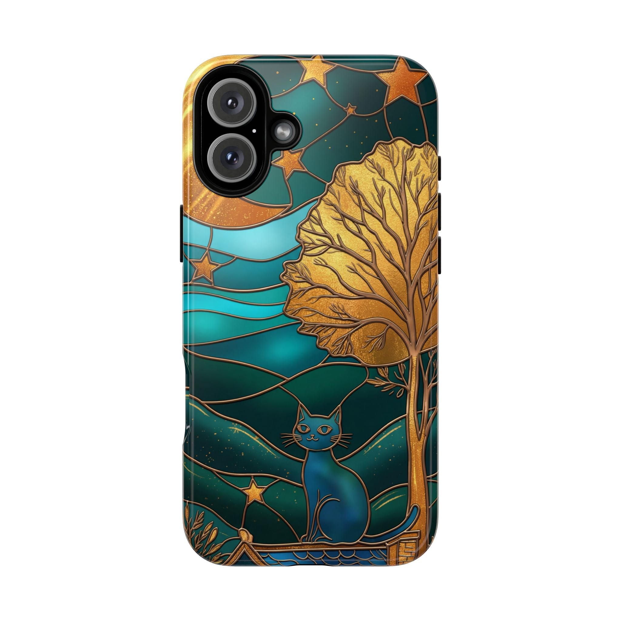 Stained Glass Cat Tough iPhone Case — Gold Tree & Starry Night Design