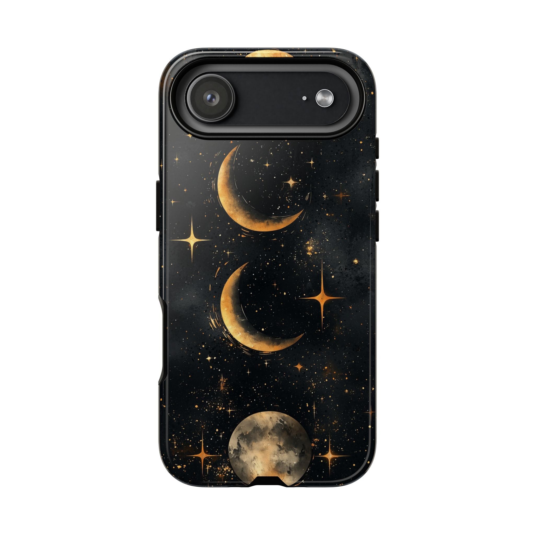 Celestial Moon Phases Tough iPhone Case | Gold Crescent & Full Moon Galaxy Design