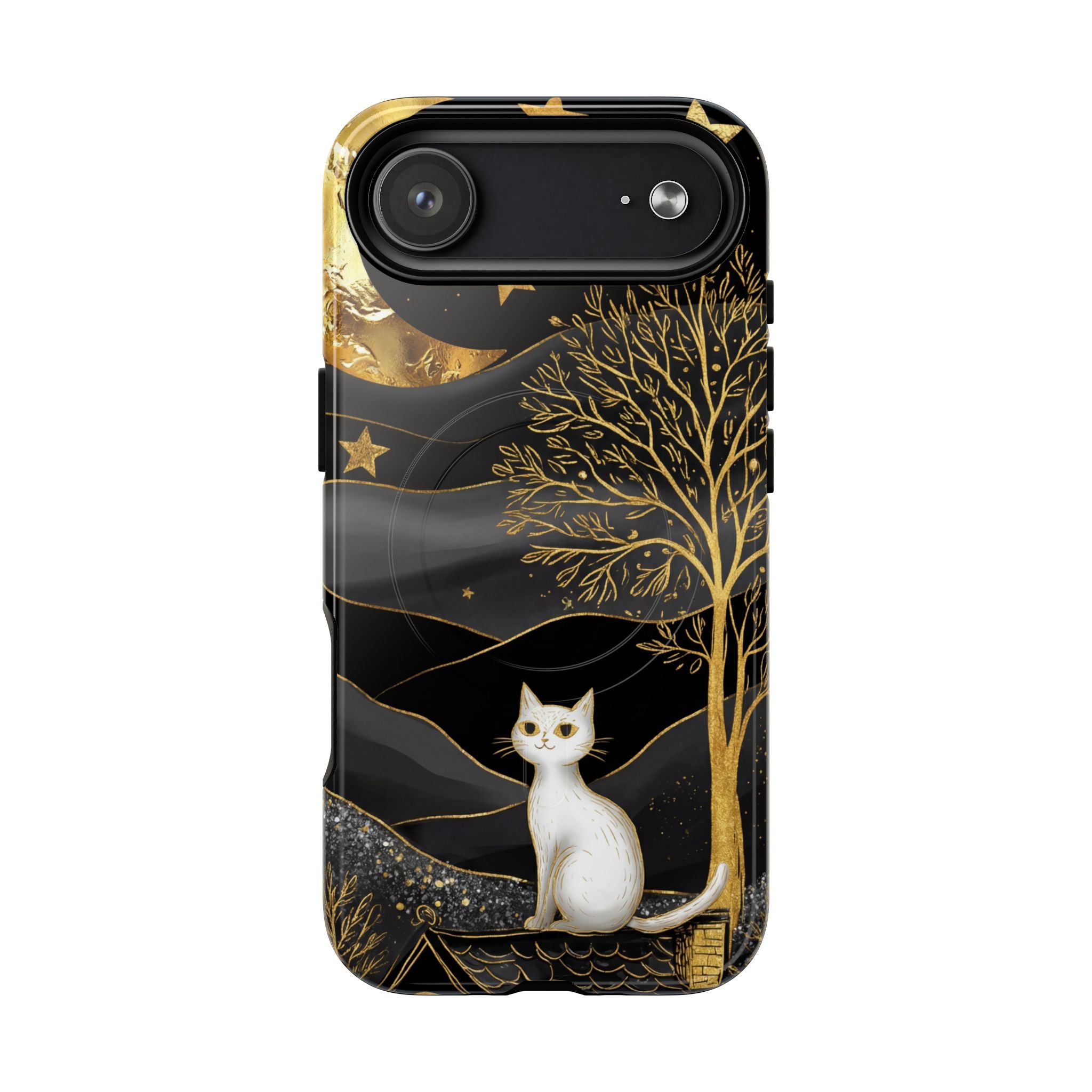 Custodia per iPhone Moonlit Cat | Custodia resistente MagSafe nera e oro