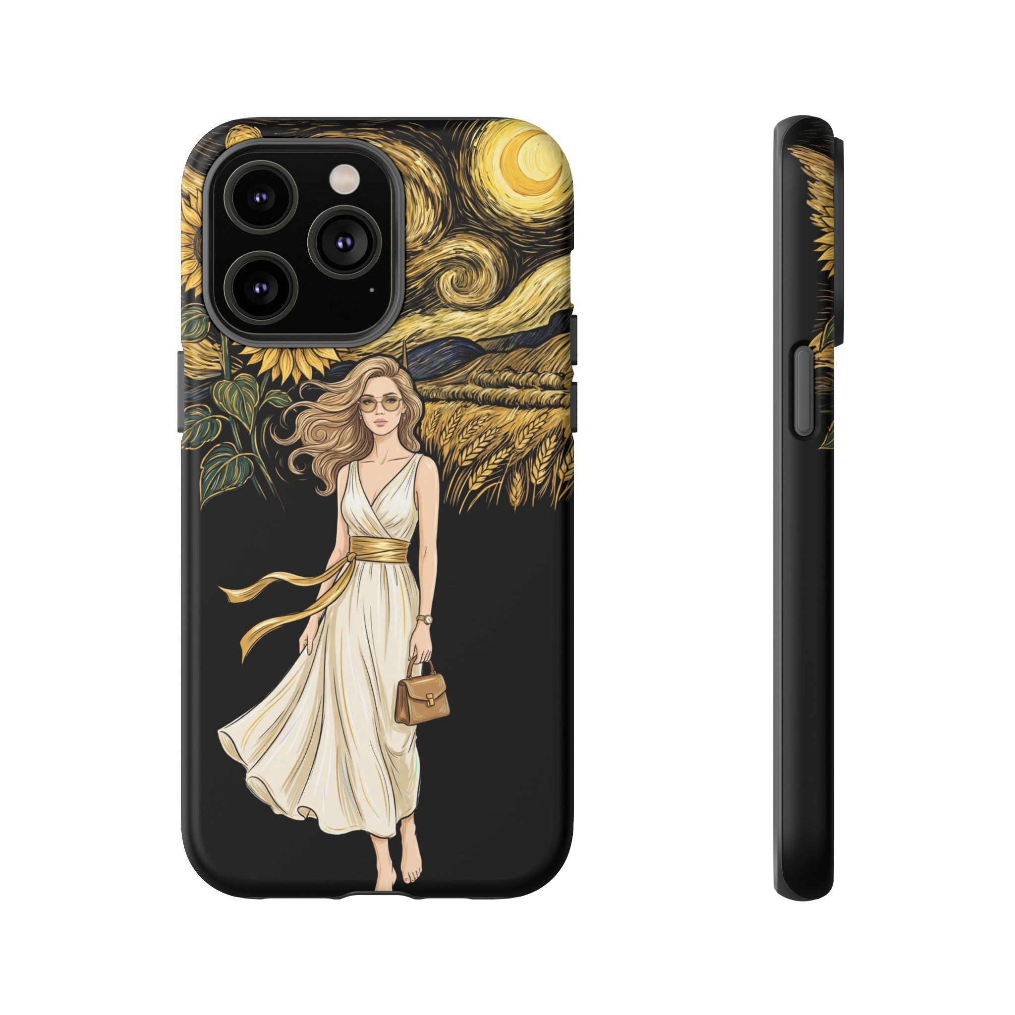 Sunflower Night iPhone Case | Woman in Flowing Dress Van Gogh Style