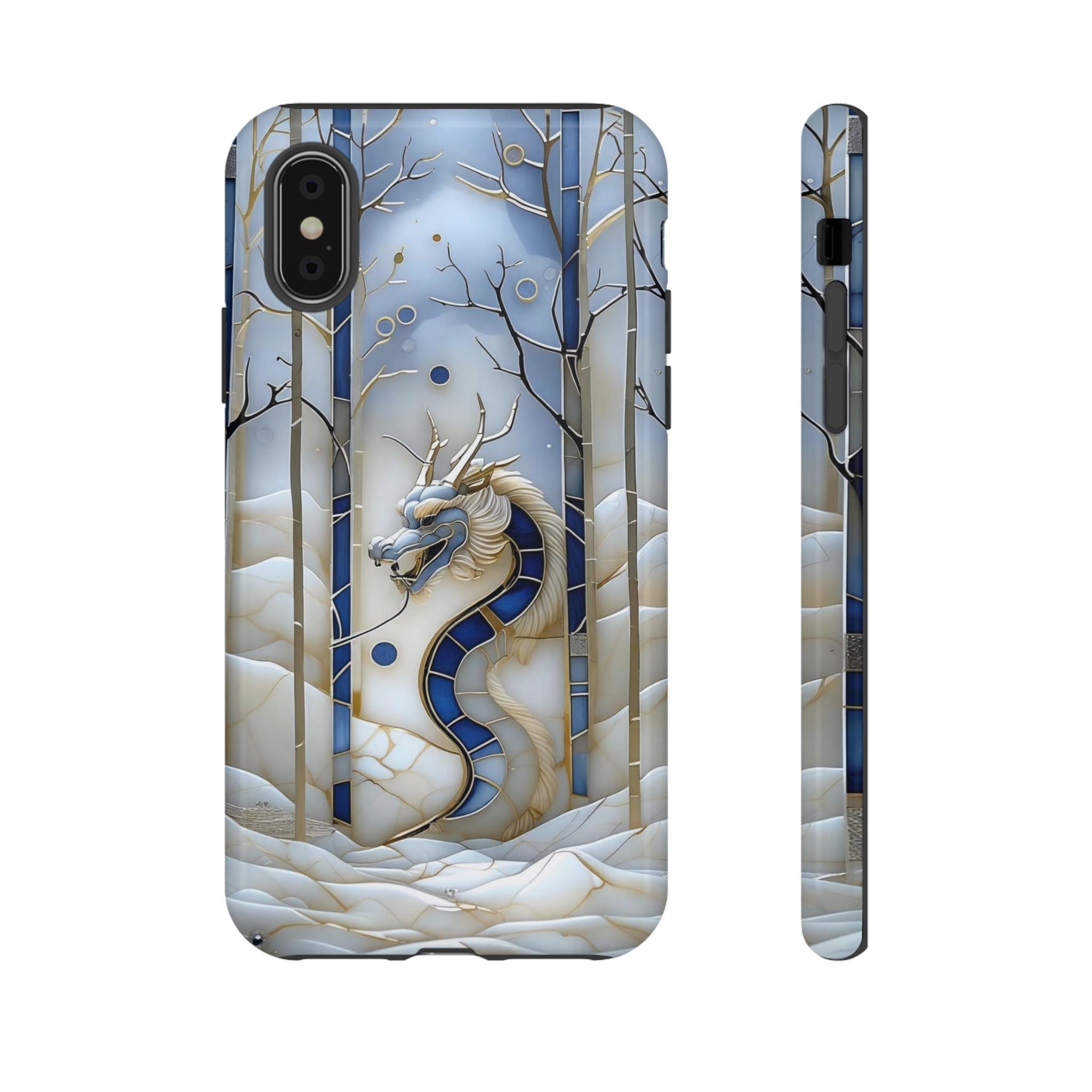 Dragon Stained Glass iPhone Case — Blue Winter Forest Protective Cover