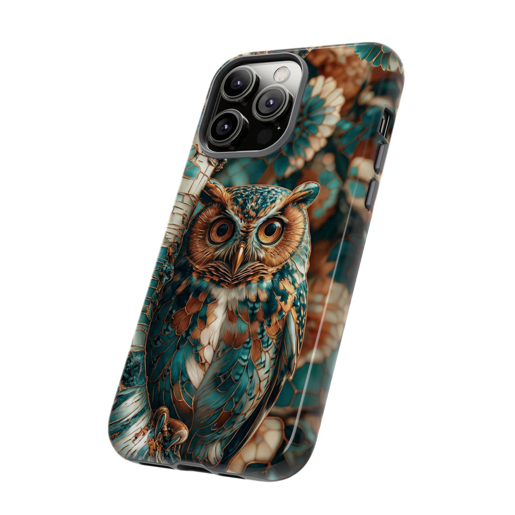 Custodia rigida per iPhone Owl Forest | Custodia protettiva rustica con animali selvatici color verde acqua e marrone