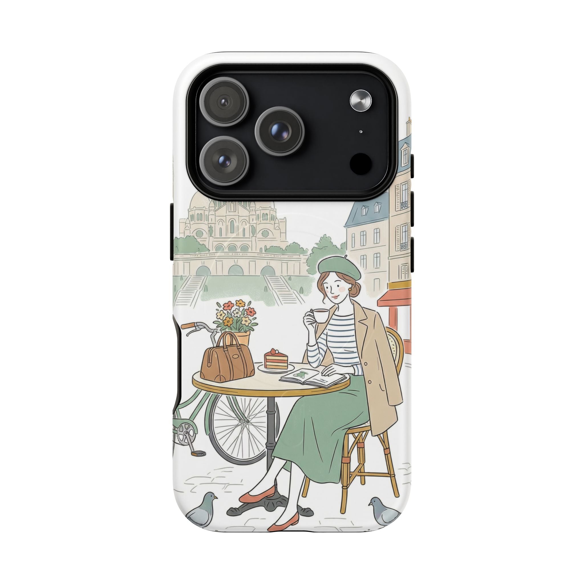 Paris Cafe Illustration MagSafe iPhone Case | Vintage Bicycles & Pigeons Protective Cover