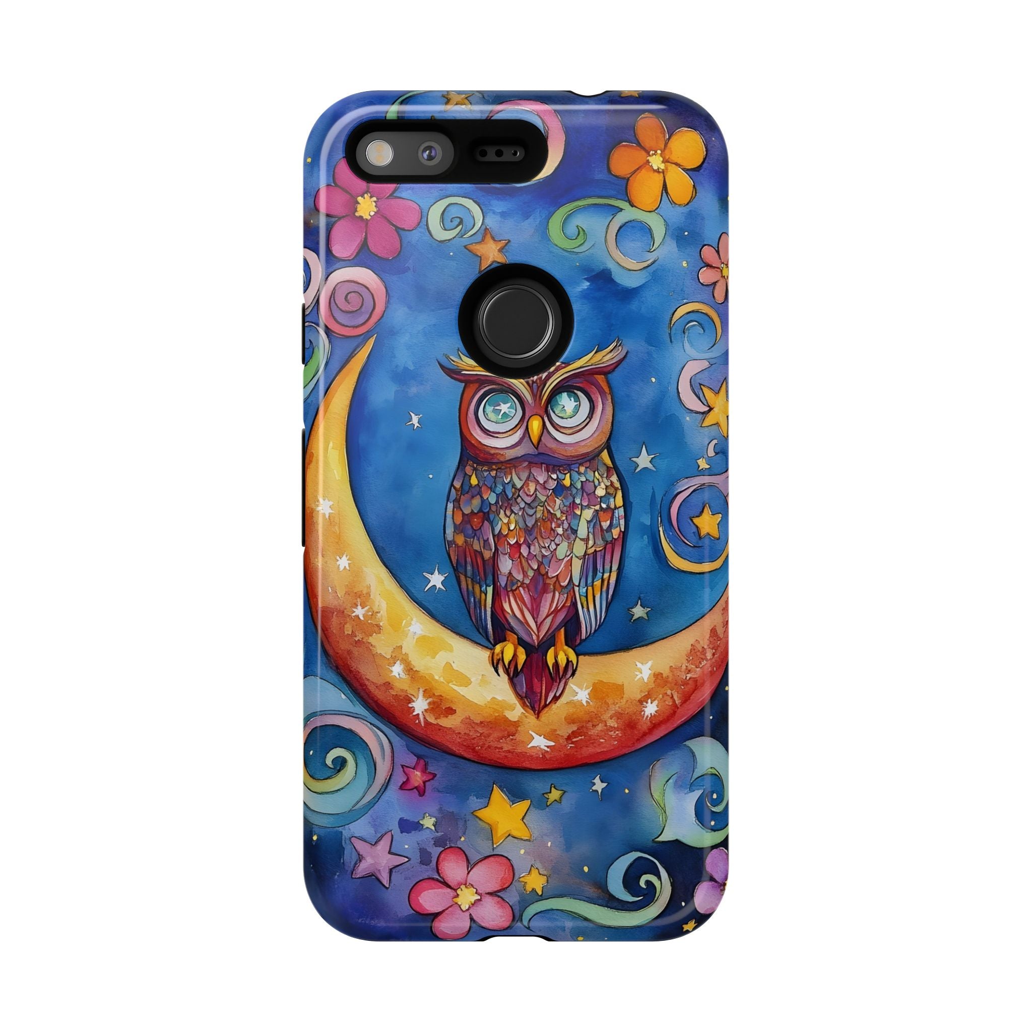 Owl on Crescent Moon Google Pixel Case — Colourful Whimsical Night Sky Design