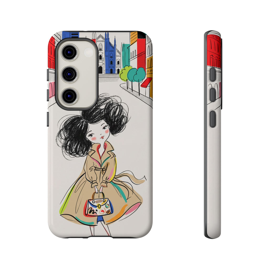 Custodia per Samsung Galaxy Ragazza di Città Chic con Trench Illustrato