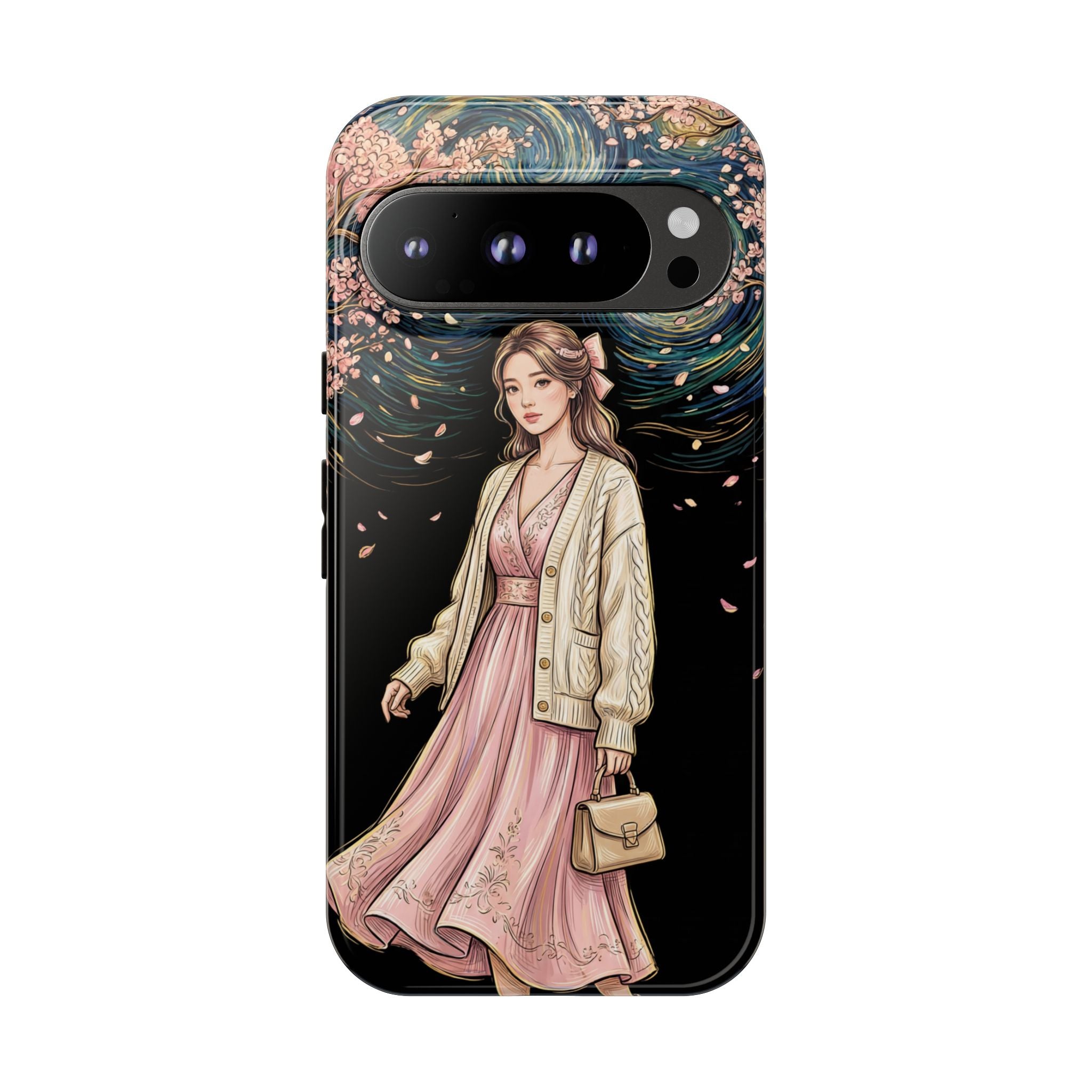 Floral Starry Night Google Pixel Phone Case | Elegant Girl in Pink Dress