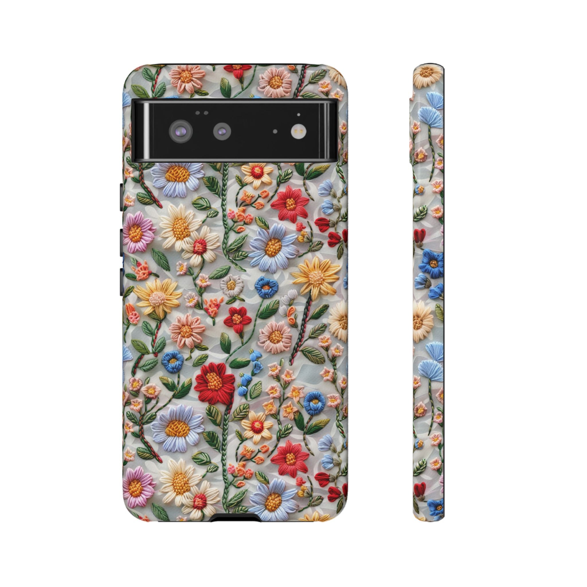 Floral Embroidered Pattern Tough Google Pixel Case — Colourful Daisy & Wildflower Design
