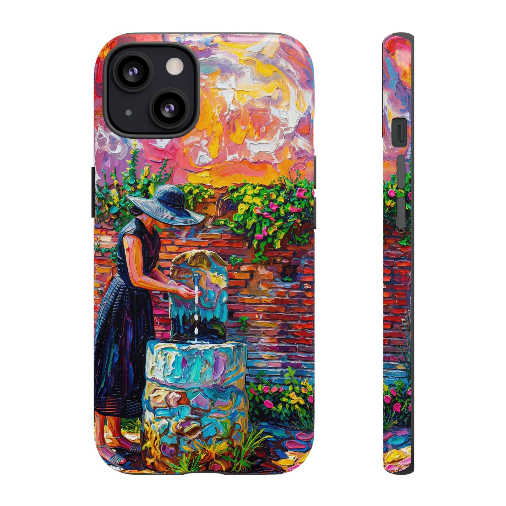 Artistic Garden iPhone Case | Woman at Fountain Colourful Painterly Design