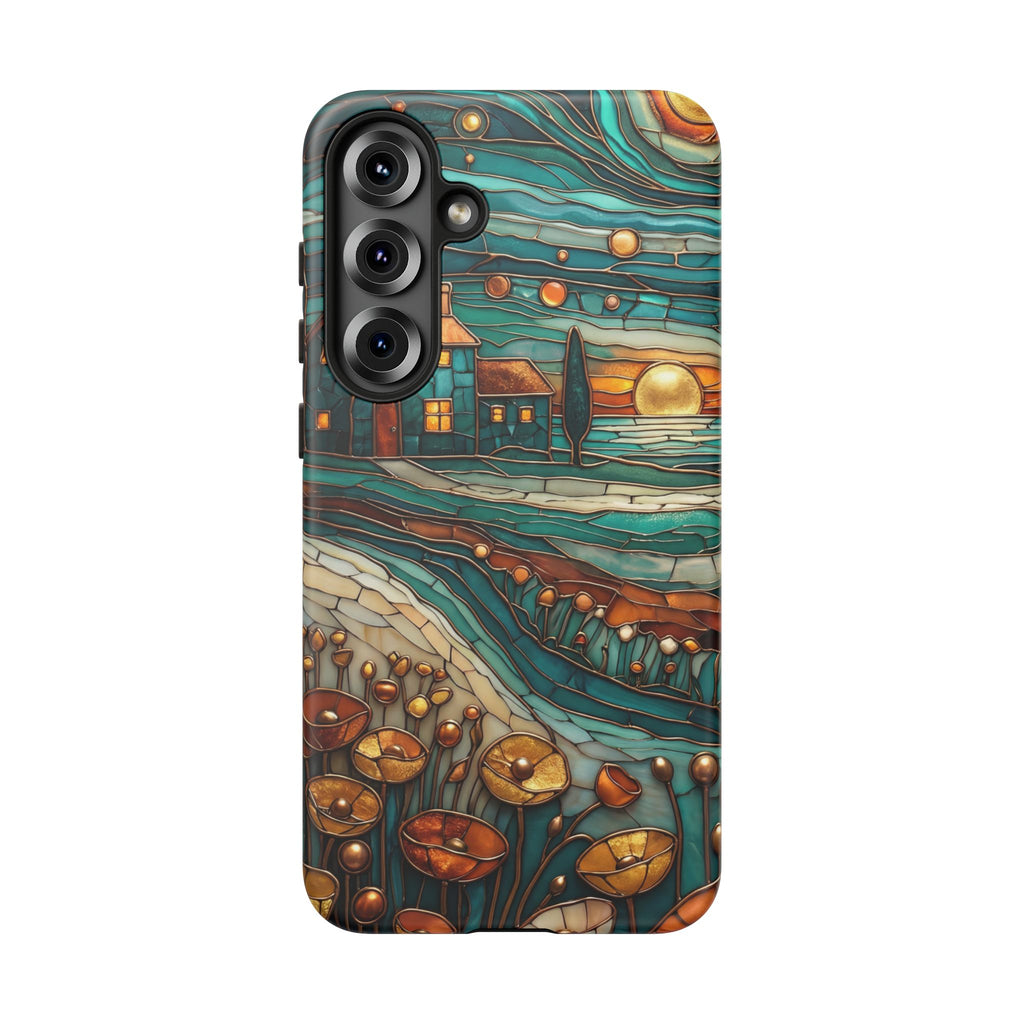 Artistic Sunset Cottage Samsung Galaxy Case | Whimsical Floral Landscape Protective Cover