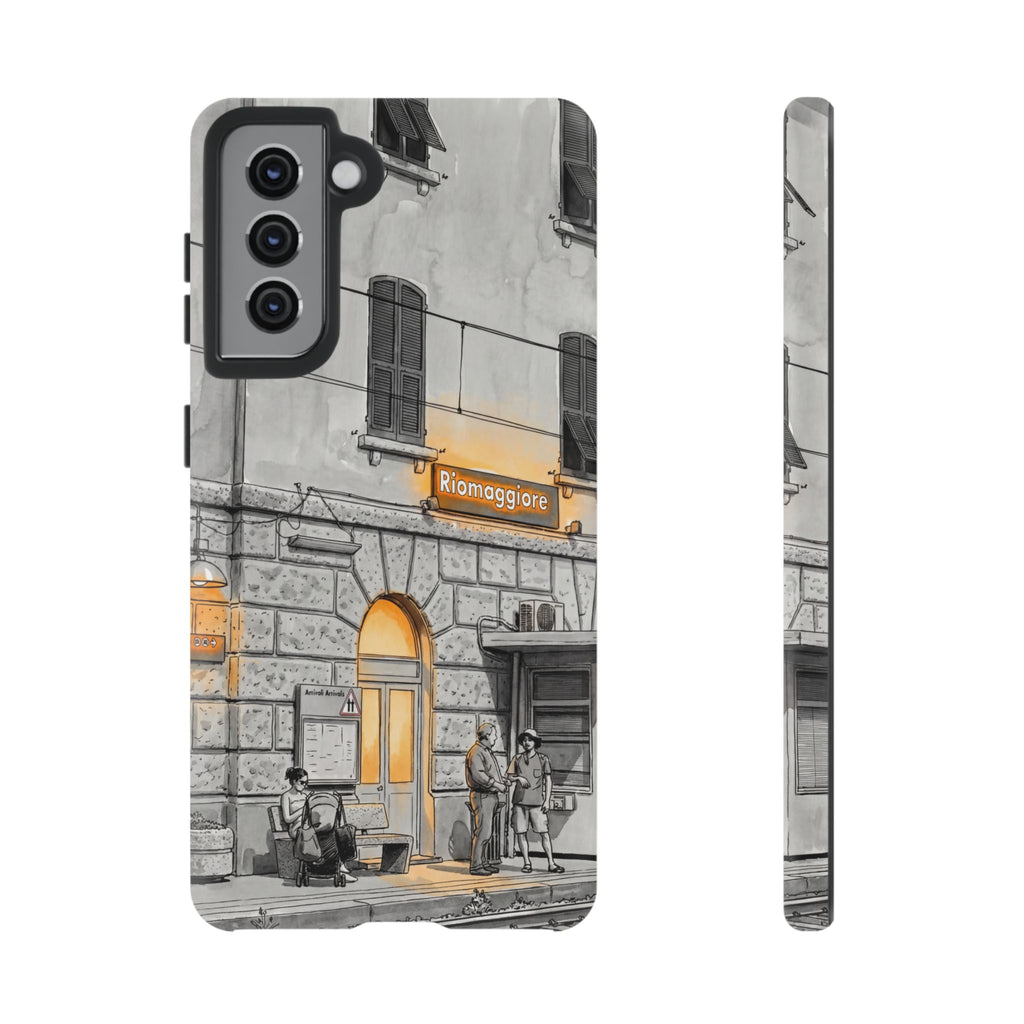 Custodia per Samsung Galaxy con stazione ferroviaria Cinque Terre | Schizzo in bianco e nero con accenti gialli caldi