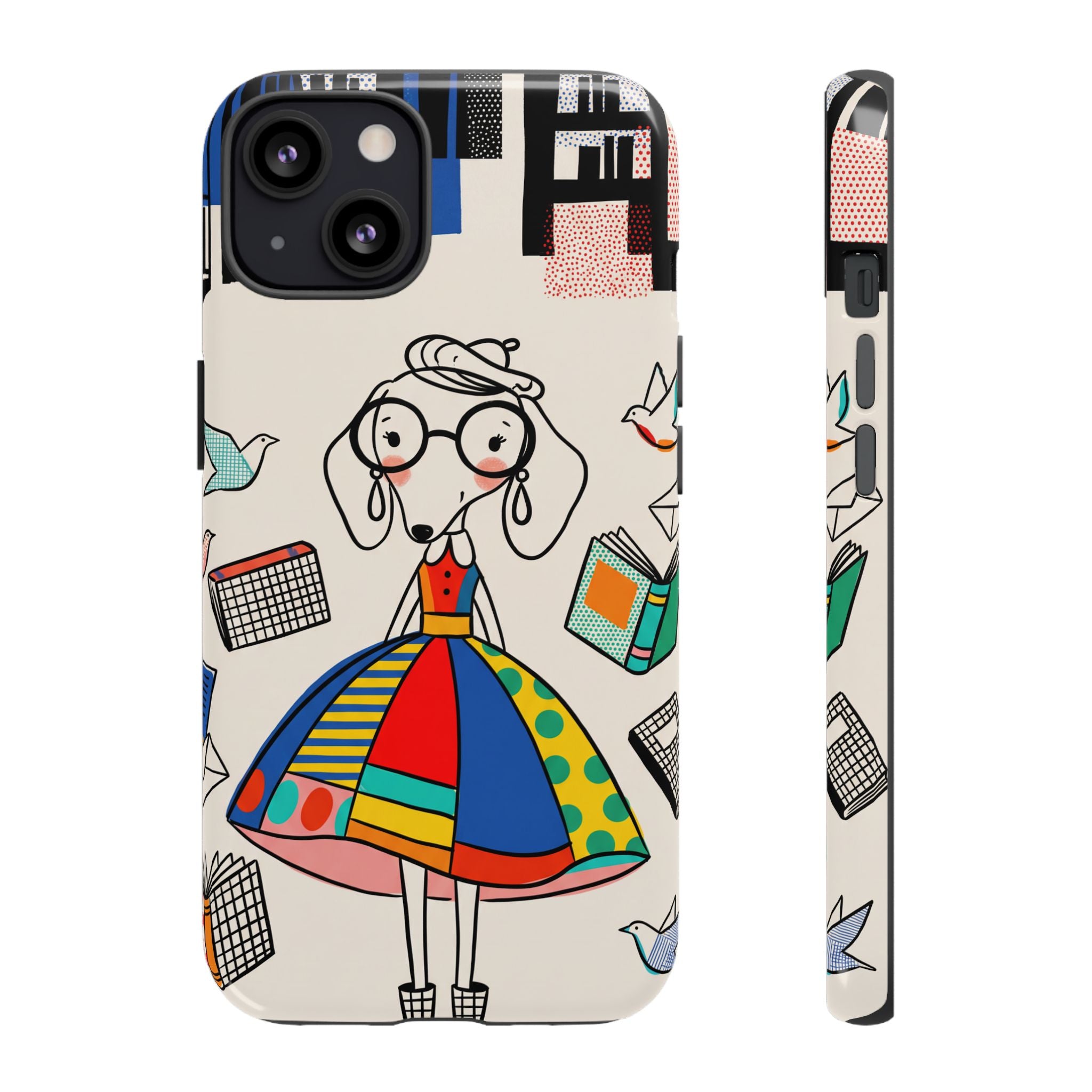 Cute Dachshund Dog Illustration iPhone Case | Colorful Whimsical Book & Bird Design