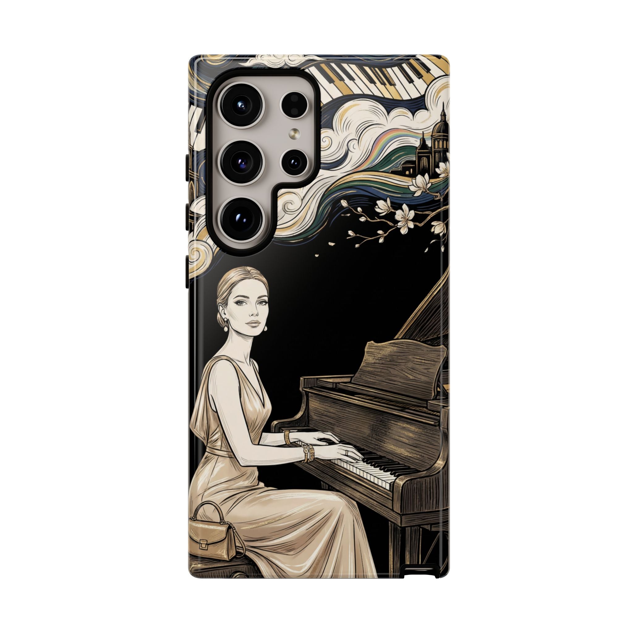 Elegant Piano Woman Samsung Galaxy Phone Case | Vintage Art Deco Music Design