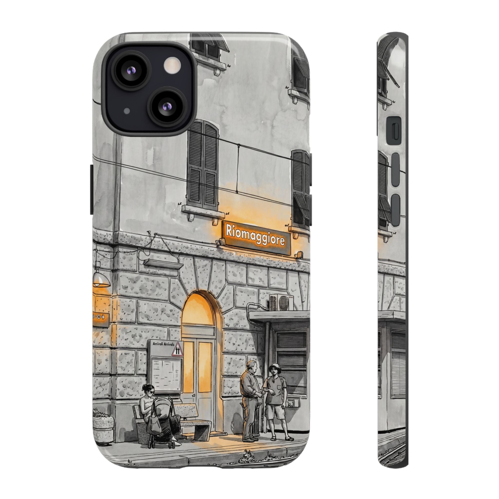 Cinque Terre Train Station iPhone Case | Black & White Sketch with Warm Yellow Accents