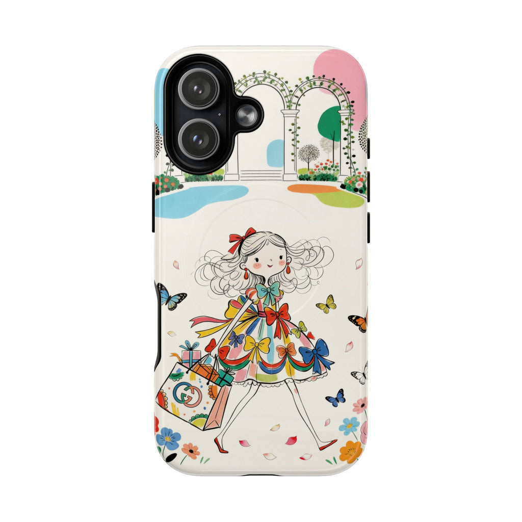 Whimsical Shopping Girl MagSafe iPhone Case | Cute Floral Butterfly Tough Case