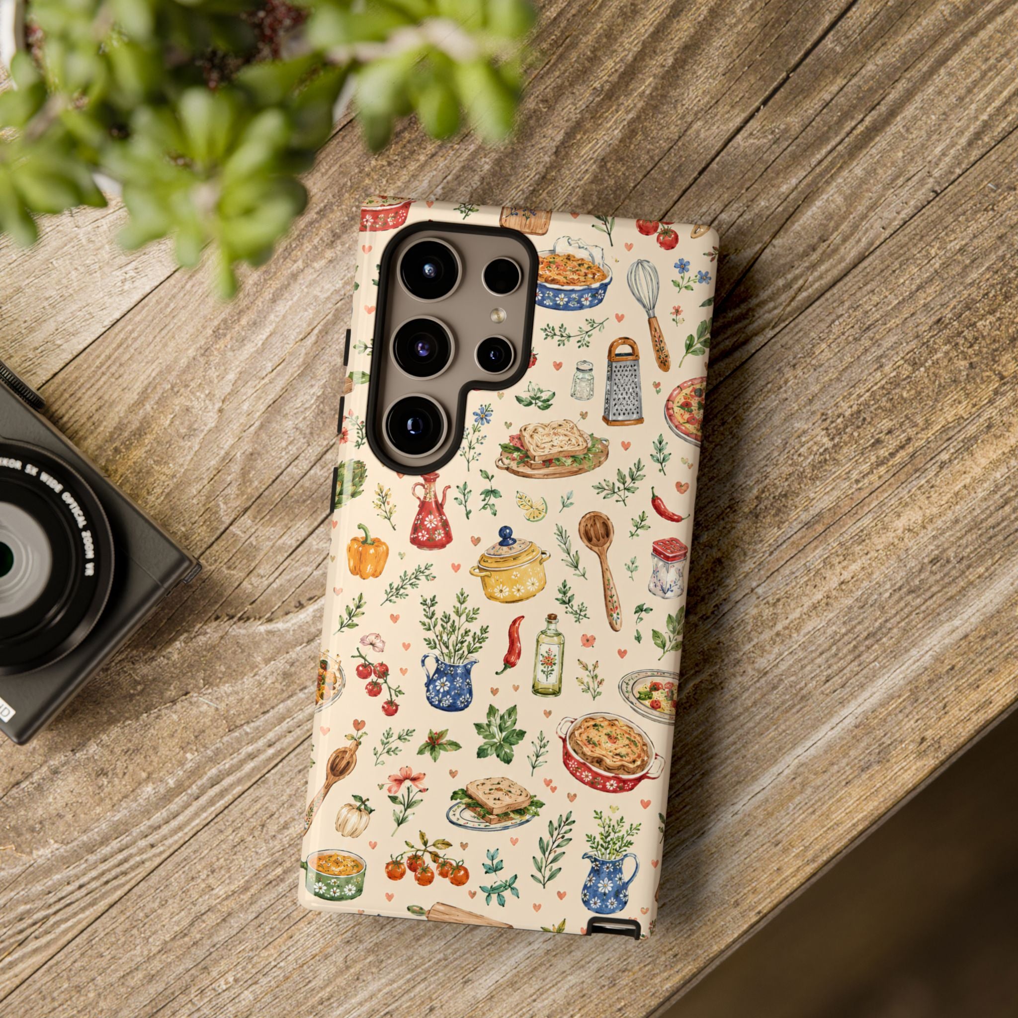 Kitchen Pattern Samsung Galaxy Phone Case | Cute Watercolor Cooking & Herbs Protective Cover