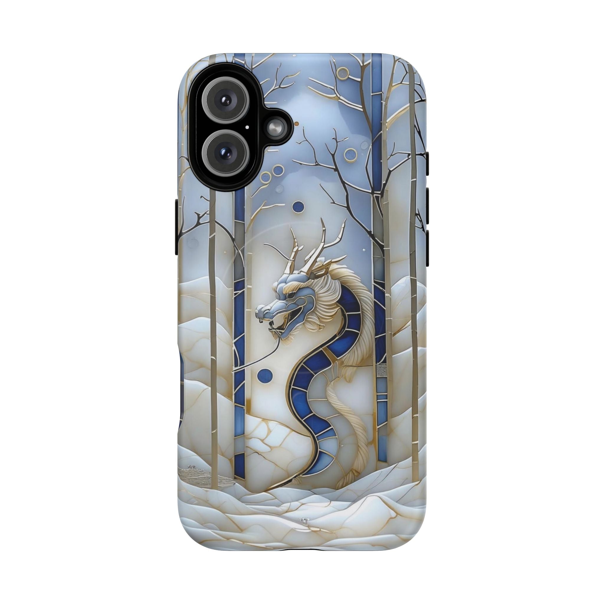 Dragon Stained Glass Tough MagSafe Phone Case — Blue & Ivory Medieval Art