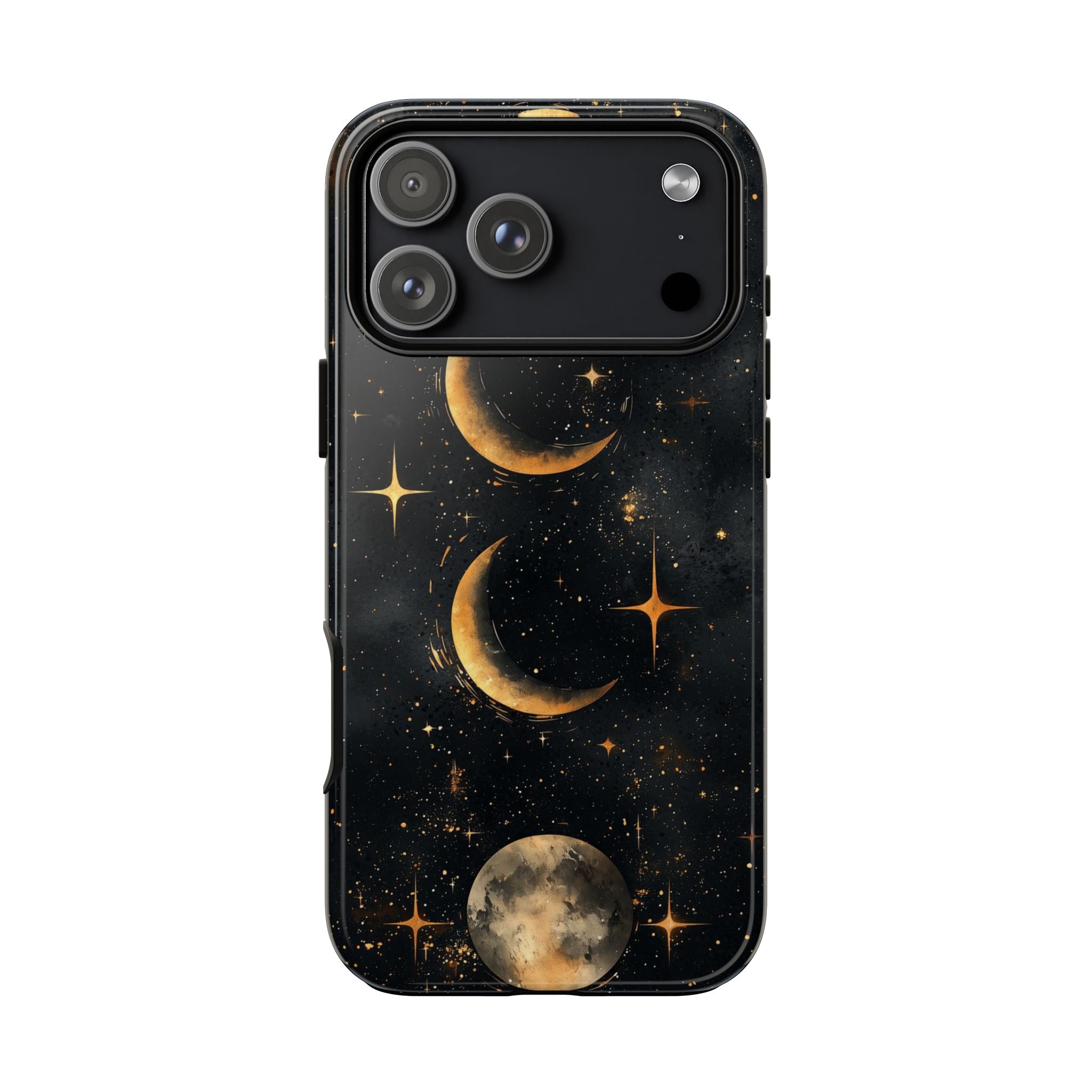 Celestial Moon Phases Tough iPhone Case | Gold Crescent & Full Moon Galaxy Design