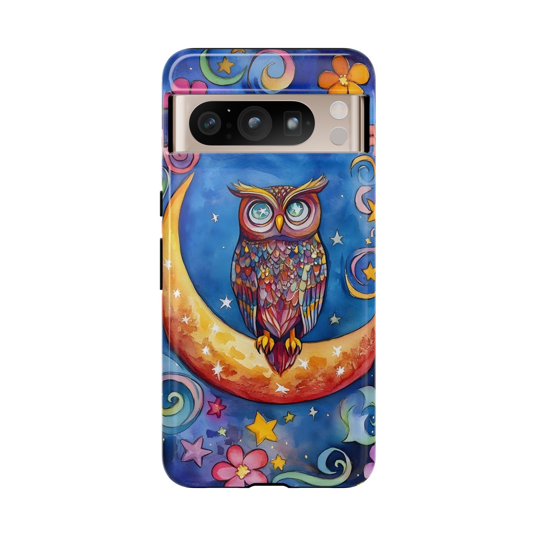 Owl on Crescent Moon Google Pixel Case — Colourful Whimsical Night Sky Design