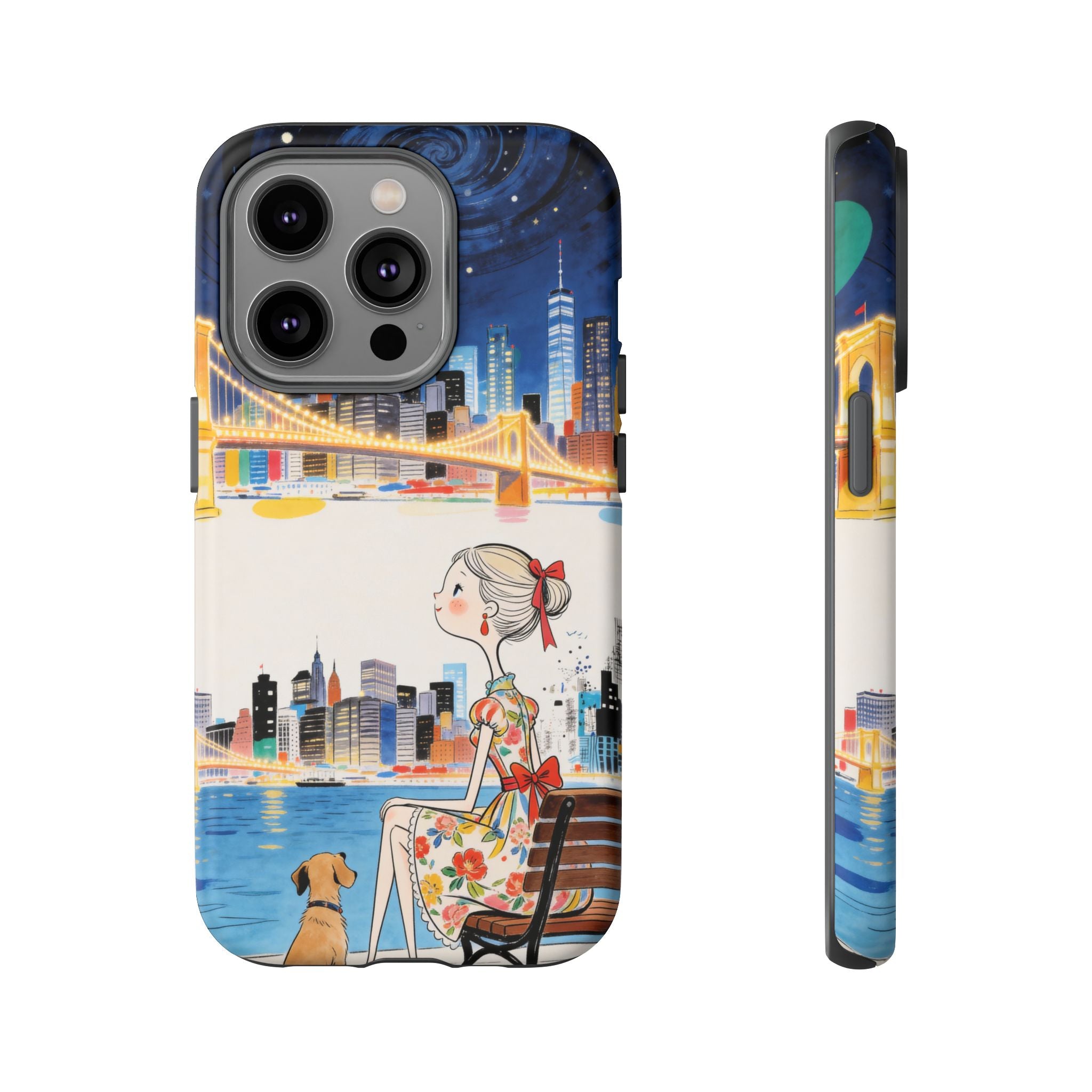 City Night iPhone Case | Cute Girl & Dog Bench Illustration