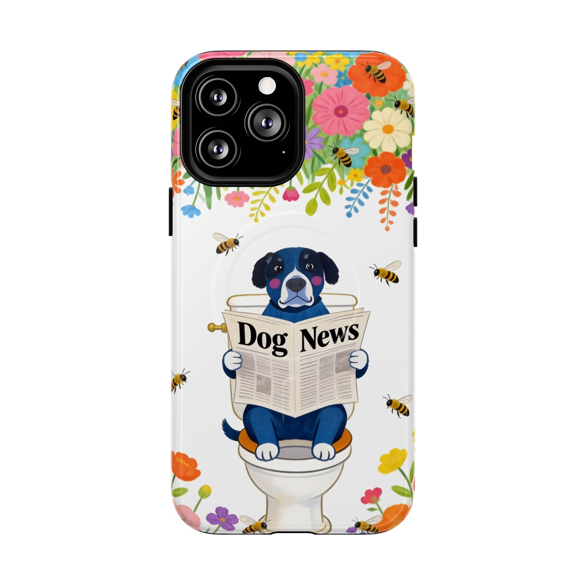 Dog News Floral MagSafe iPhone Case | Cute Dog on Toilet Pattern, Spring Floral iPhone Cover