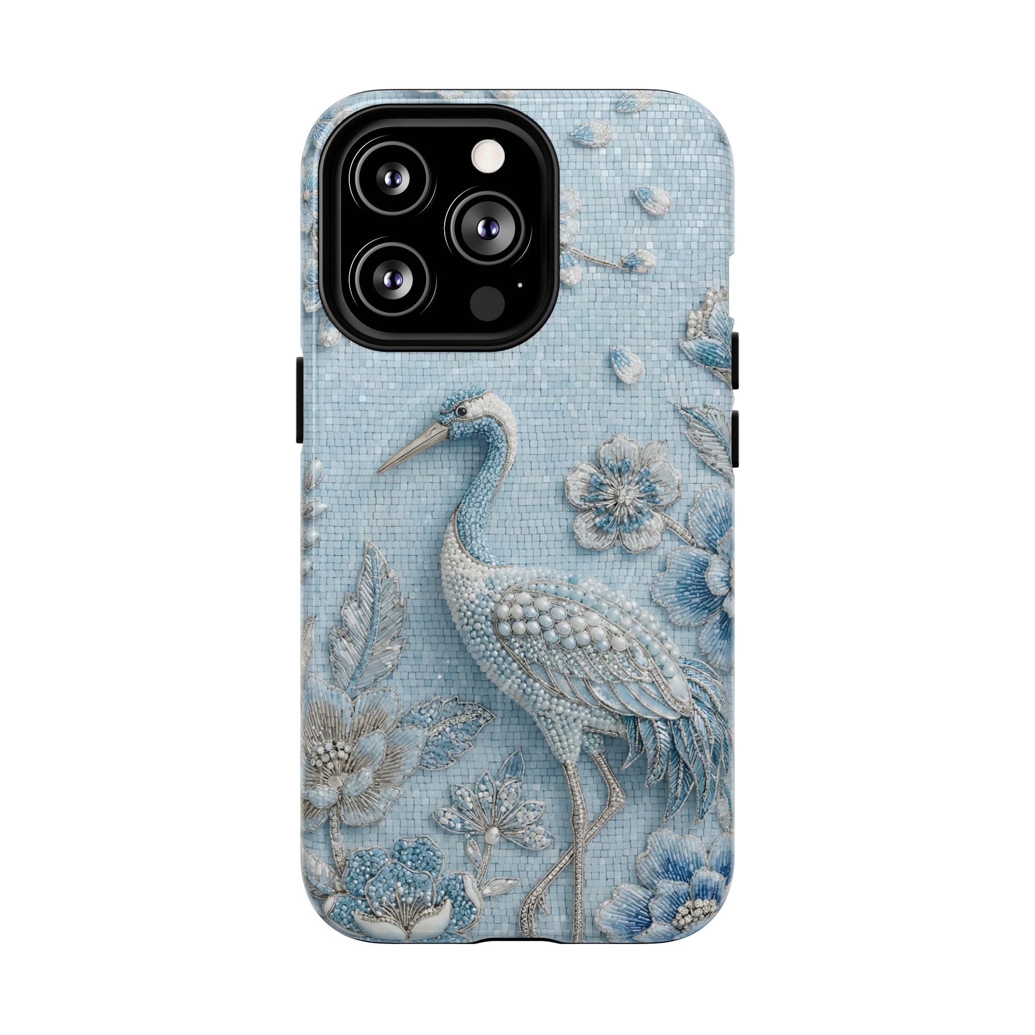 Blue Crane Floral MagSafe iPhone Case | Vintage Embossed Bird Design