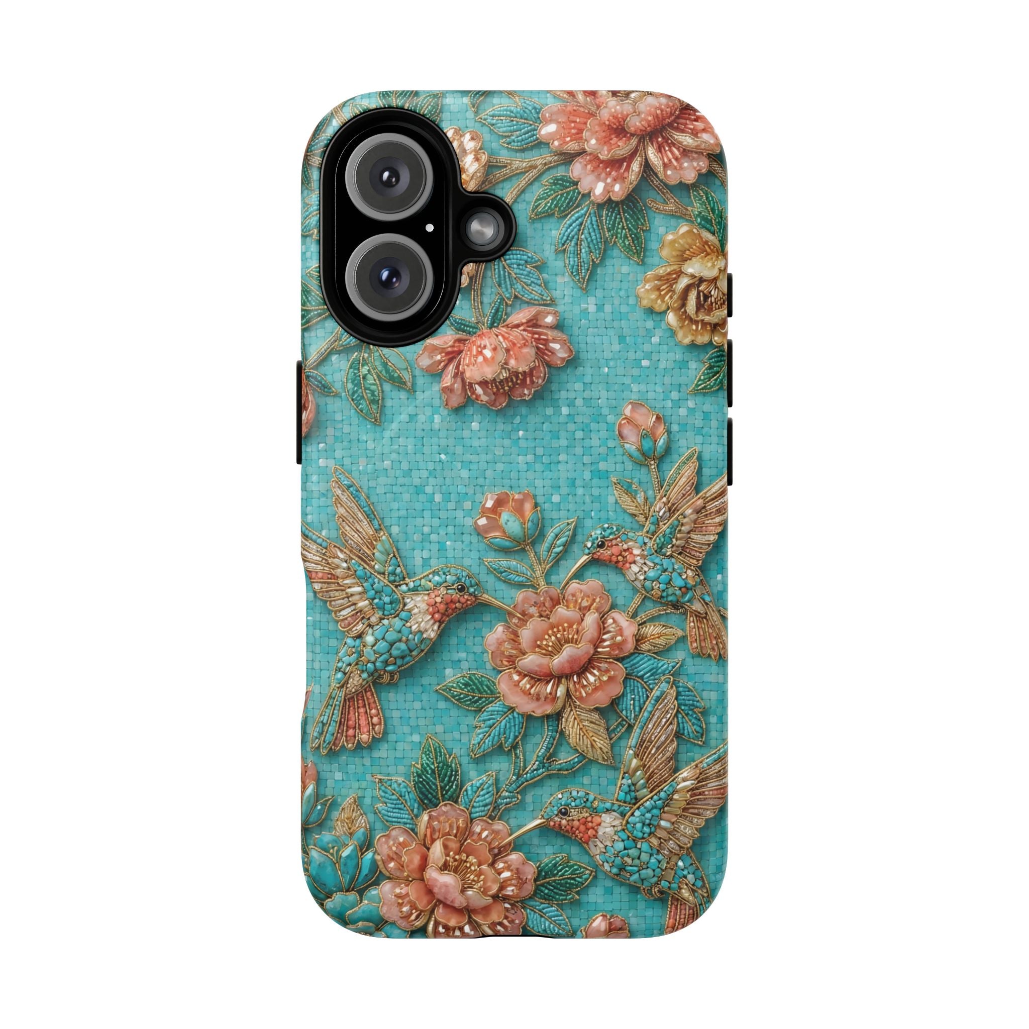Floral Hummingbird Tough MagSafe iPhone Case | Turquoise Embroidered Garden Design