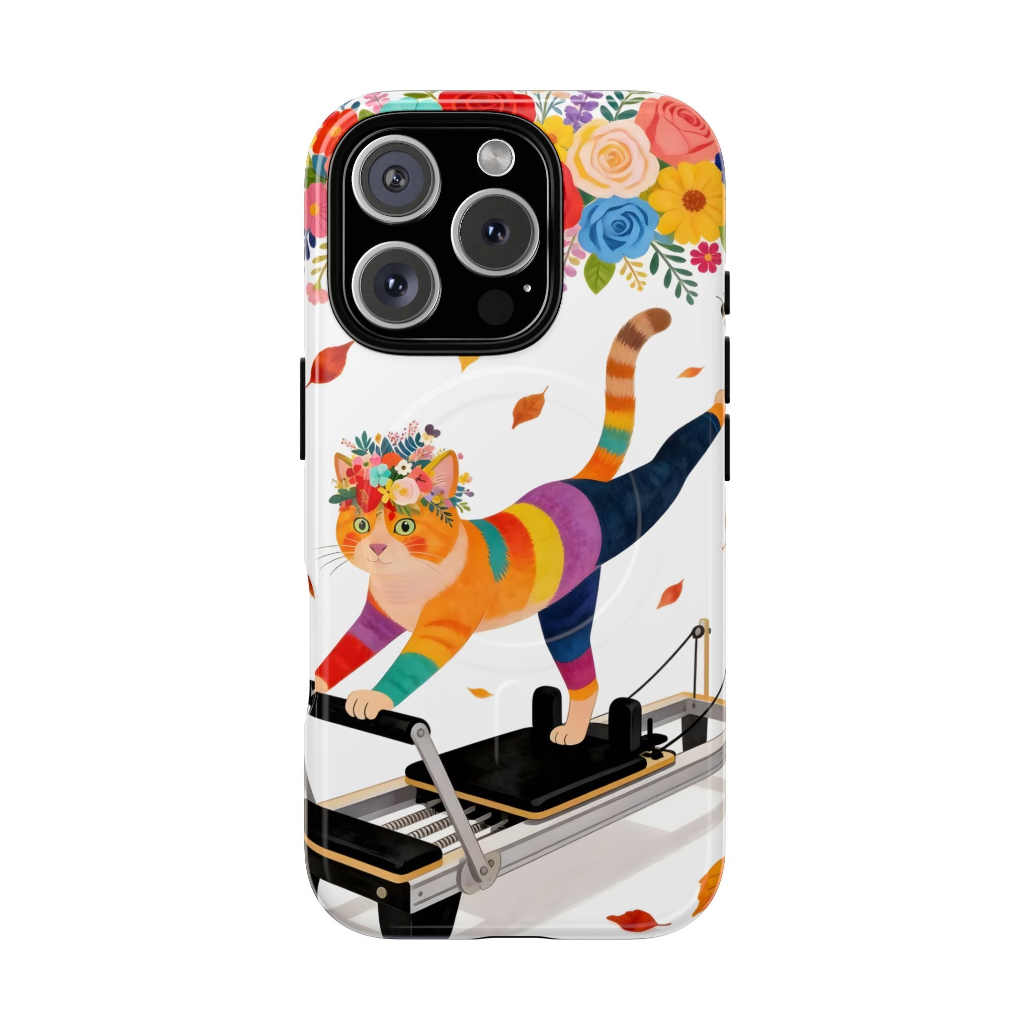Cat Pilates MagSafe iPhone Case | Floral Rainbow Cat on Reformer